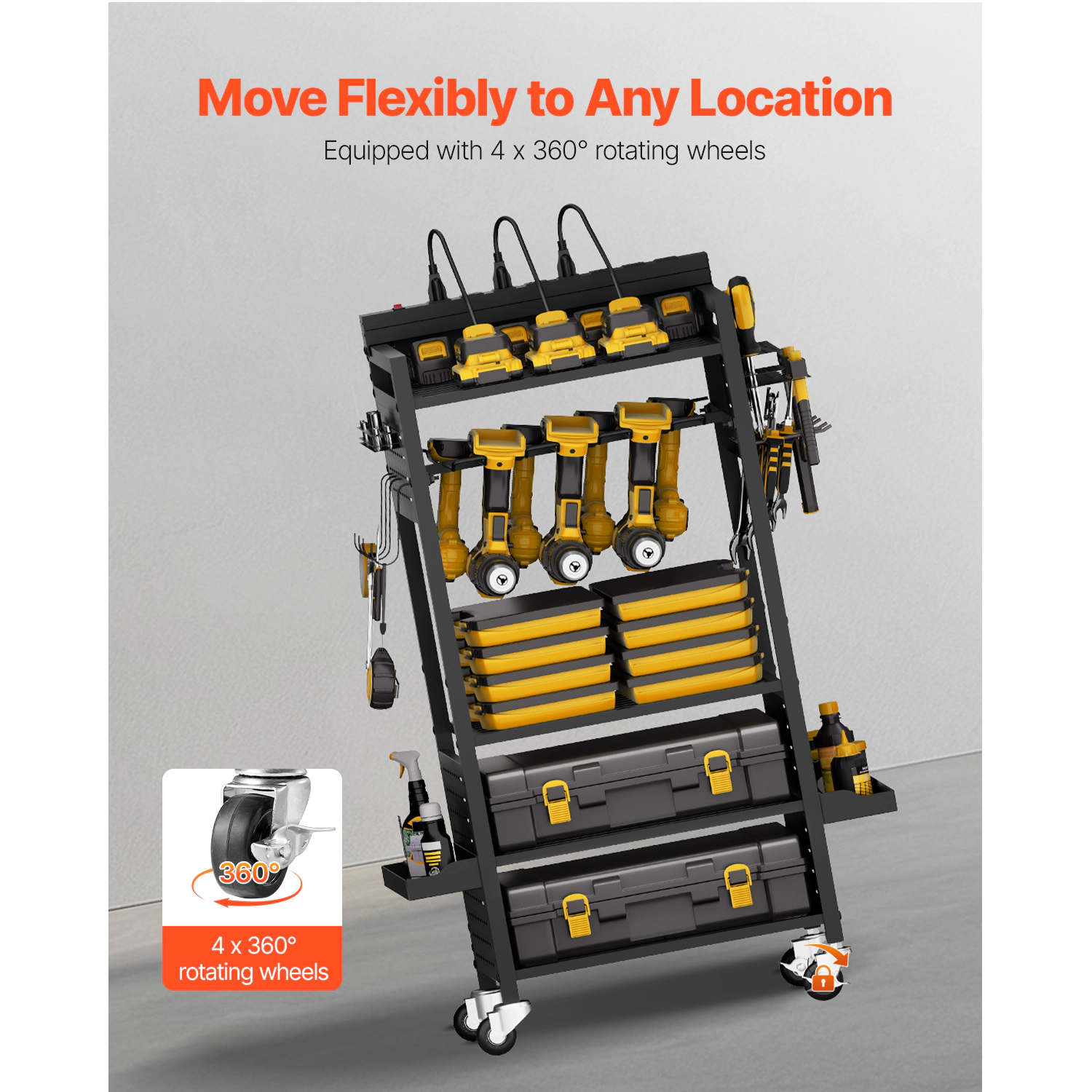 HONGGE Tool Organizer Cart with Charging Station 8 AC Outlet Floor Stand Rolling Drill Holder and Tool Battery Storage