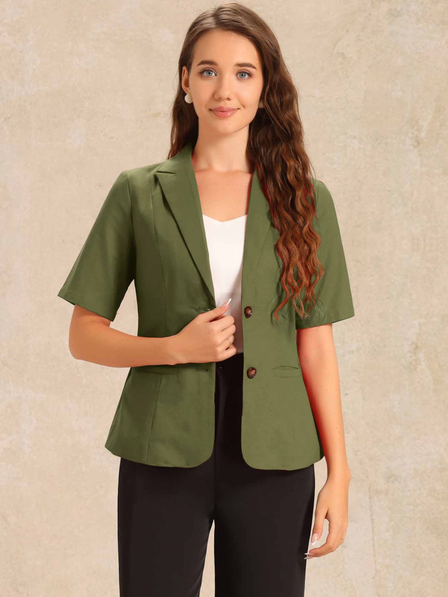 INSPIRE CHIC Women's Cotton Linen Button Office Business Short Sleeve Blazer