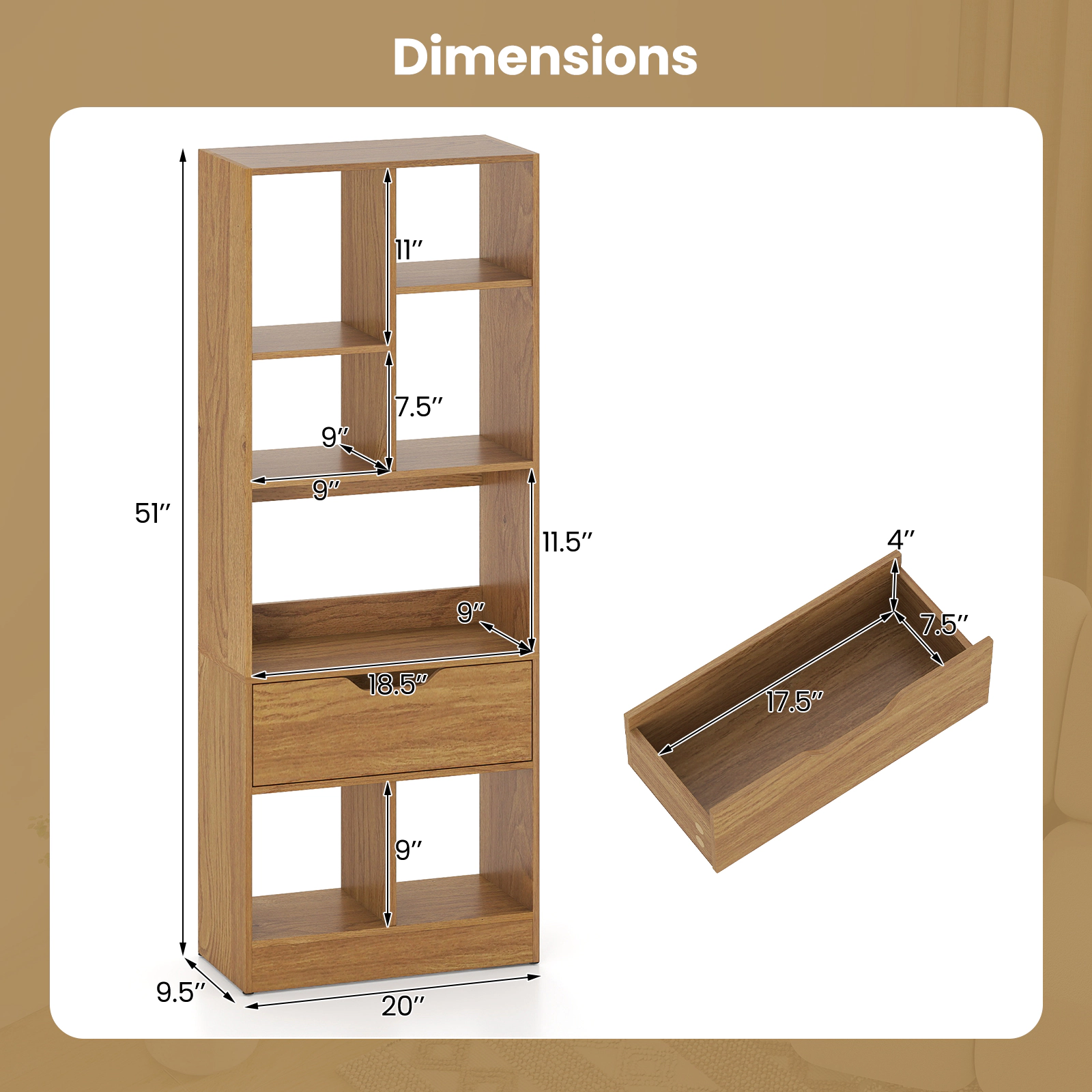 SUGIFT 51-in Tall Freestanding Bookcase Drawer 7-Cube Storage Organizer 165-lb Total Capacity 20-in Wide Natural/White
