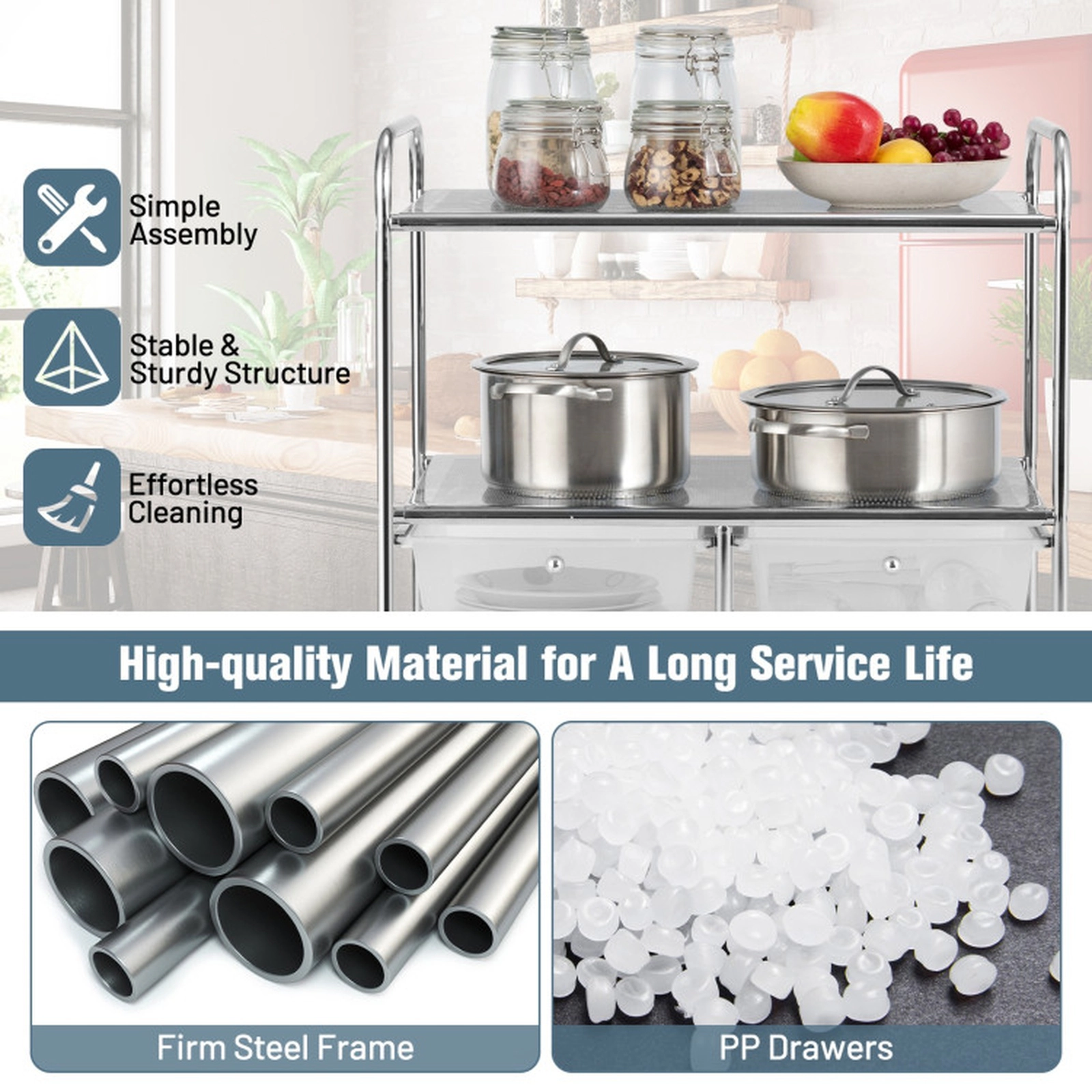 SUGIFT 4-Drawer Rolling Storage Cart with 2 Open Shelves 33-lb Capacity 25 x 14.5 x 29.5 in Clear