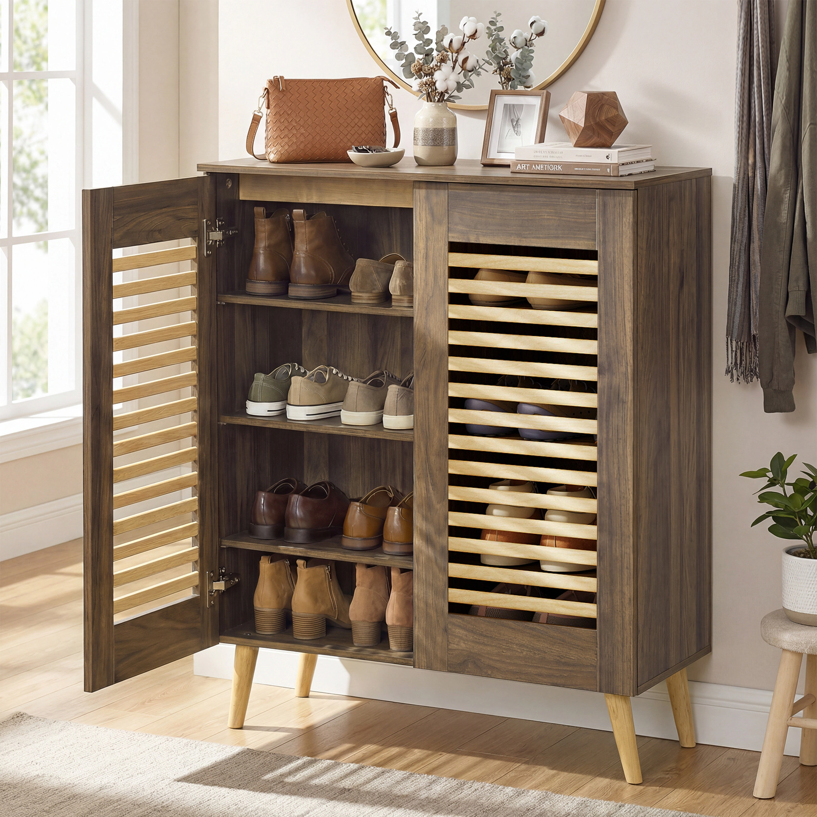 SUGIFT Walnut 88-lb Capacity Entryway Shoe Storage Cabinet with Louvered Doors and 3 Removable Shelves
