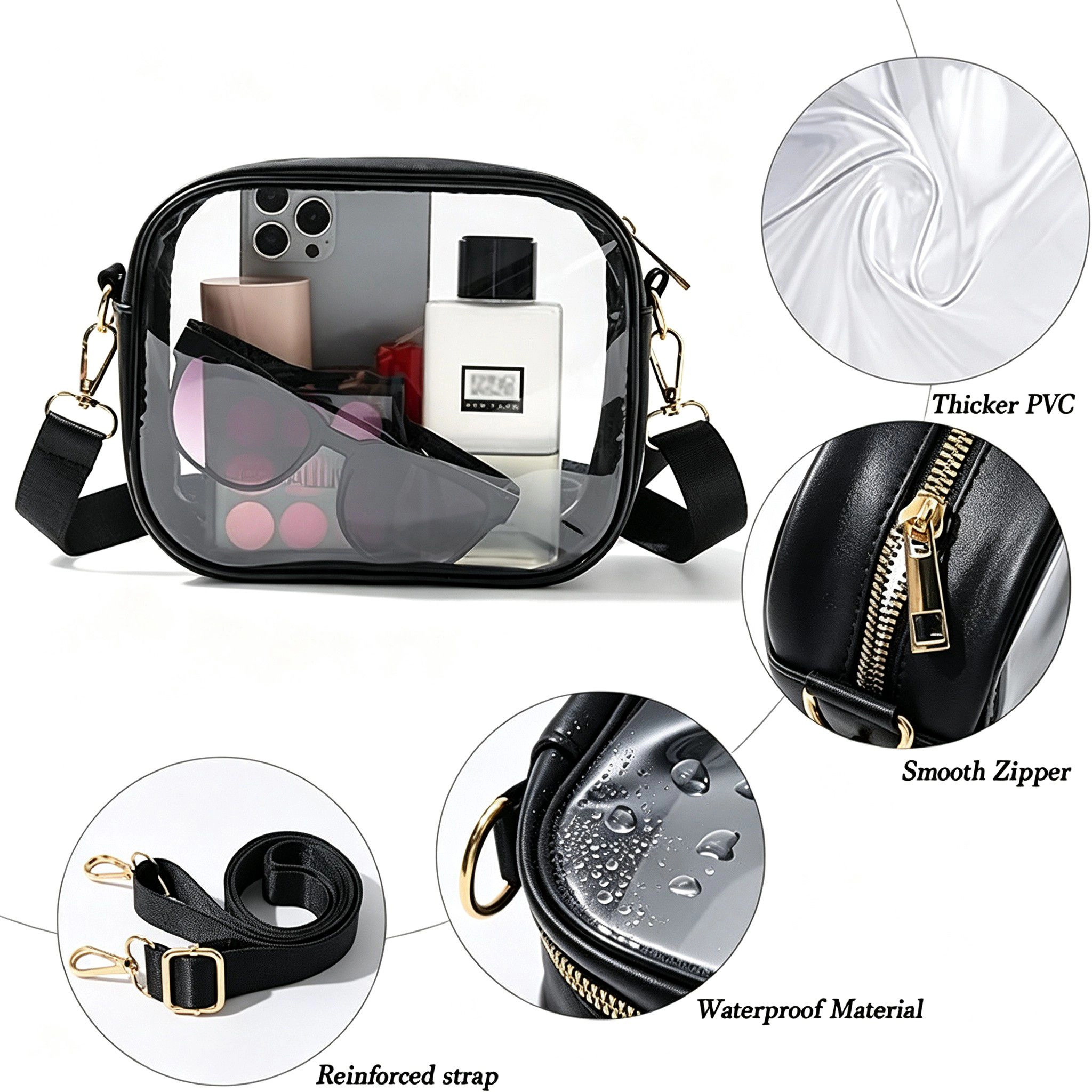 Alilang Women's Clear Crossbody Bag with Front Zipper Pocket, Structured Trim and Adjustable Removable Shoulder Strap