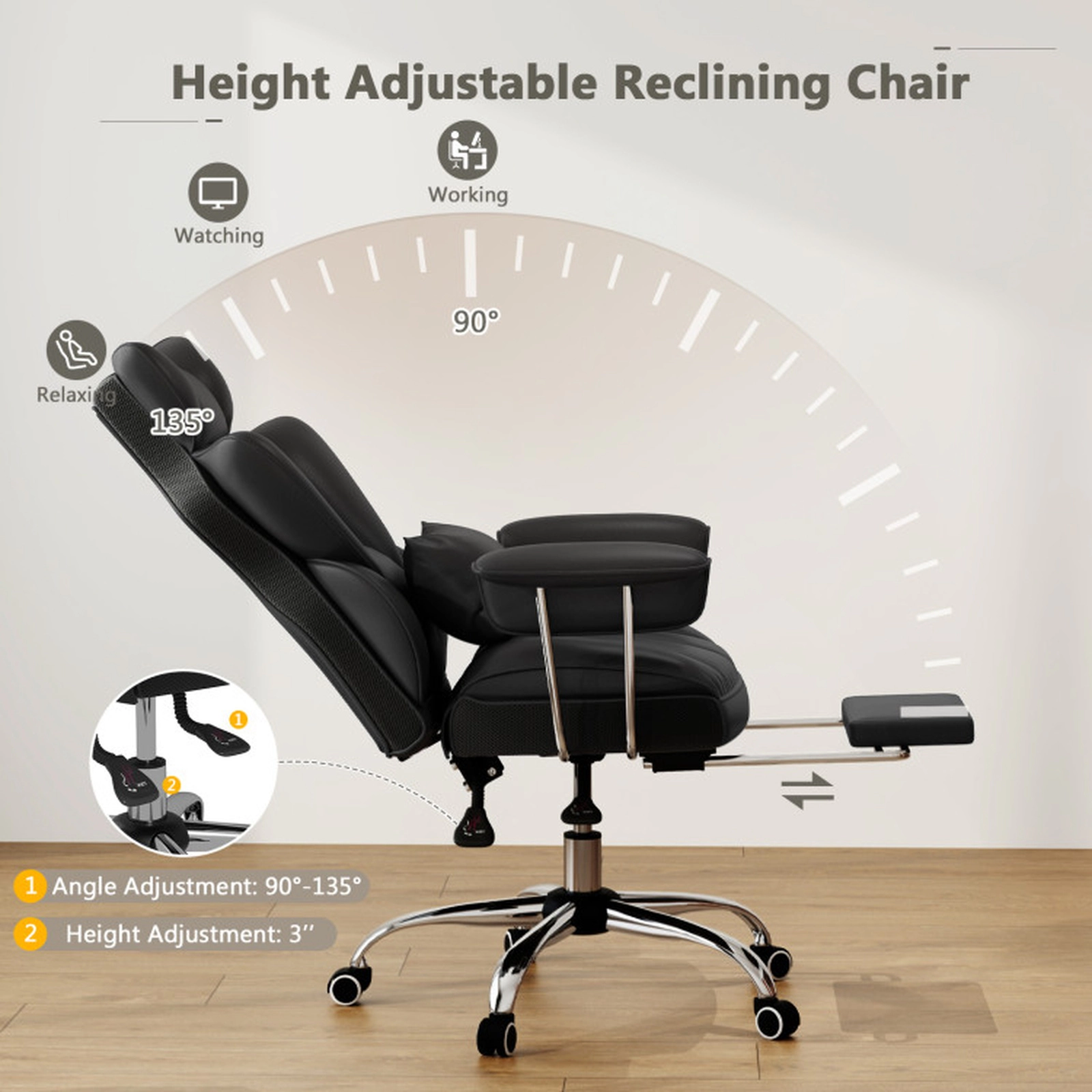 SUGIFT High Back Pocket Spring Retractable Footrest Executive Office Chair 29-in x 27.5-in x 45-in 400-lb Black