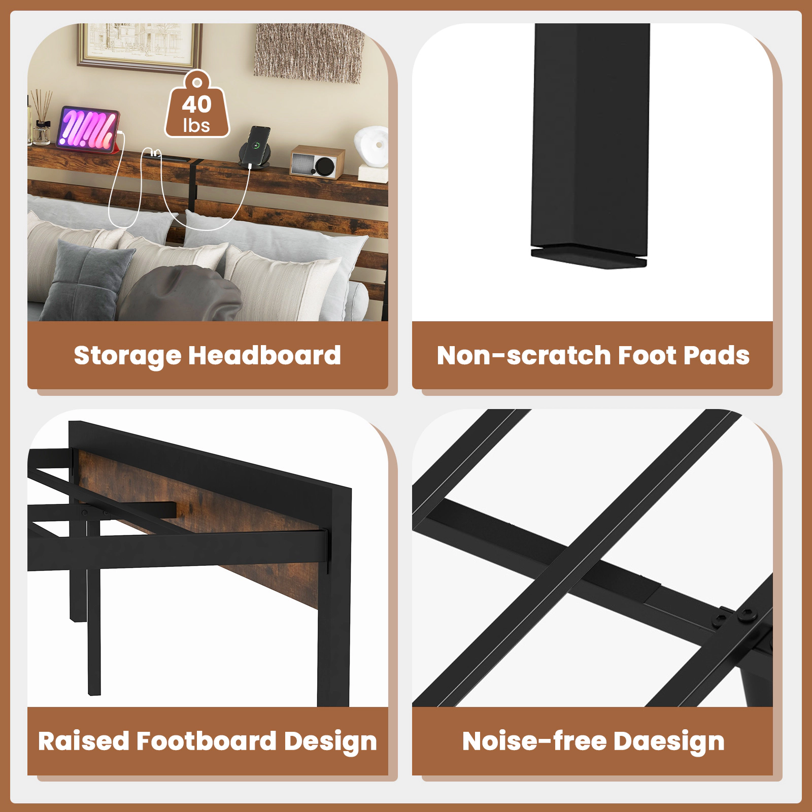 SUGIFT Rustic Brown Charging Station Storage Headboard and Metal Slats Queen Size Bed Frame
