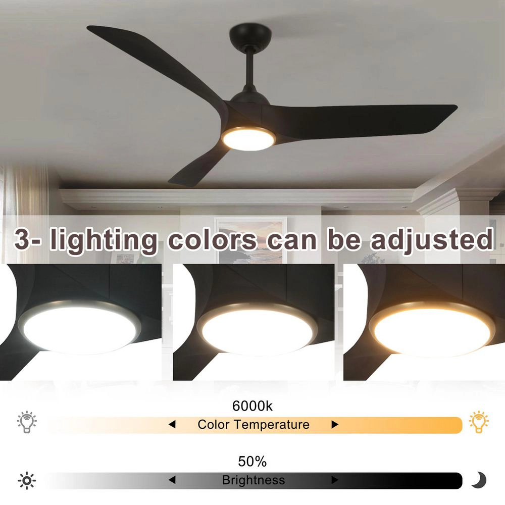 Flynama 52 in. Black Ceiling Fan with Light, Quiet DC Motor, 6-Speed Remote Control, 3 ABS Blades, Indoor