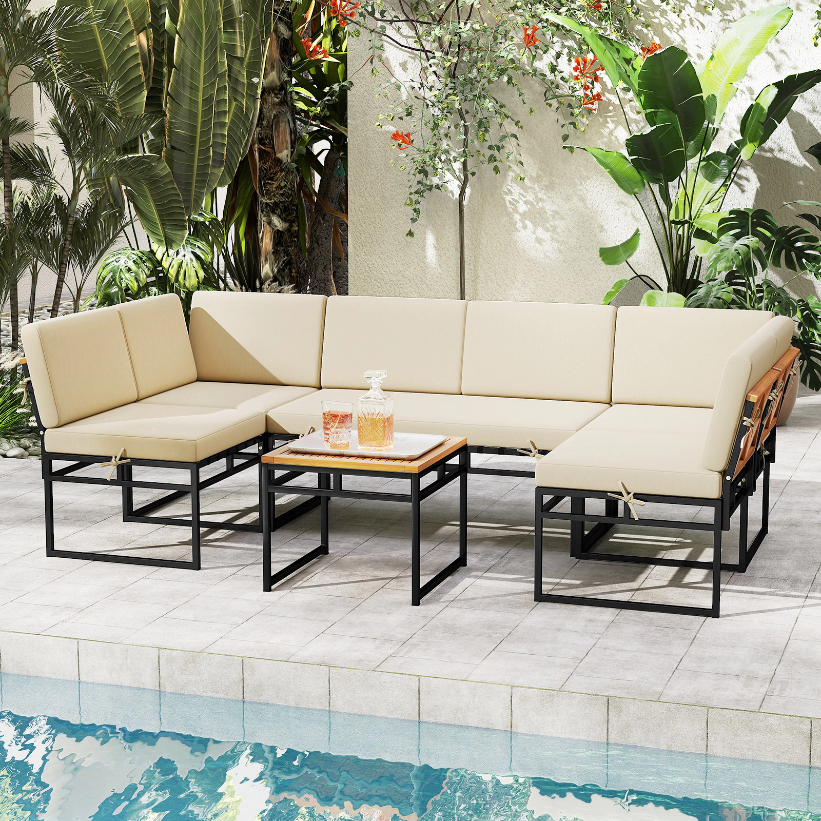 SUGIFT 6-Piece Beige Outdoor Patio Sectional Sofa Set, Acacia Wood Arms, Bungee Rope Seats