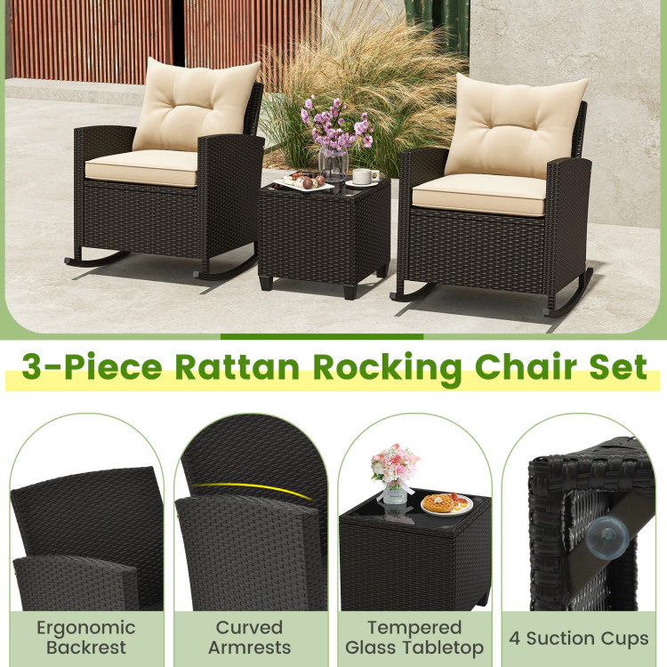 Hivvago 3-Piece Patio Rattan Roker Chairs With Tempered Glass Table And Soft Cushions