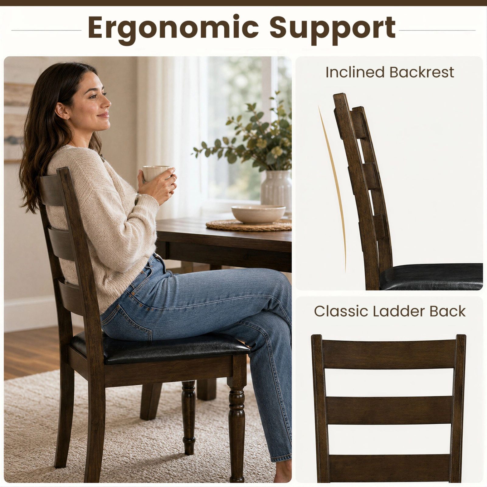 SUGIFT Farmhouse PU Leather Upholstered Dining Chairs Set of 2 with PU Leather Seat 330-lb Capacity Brown + Black