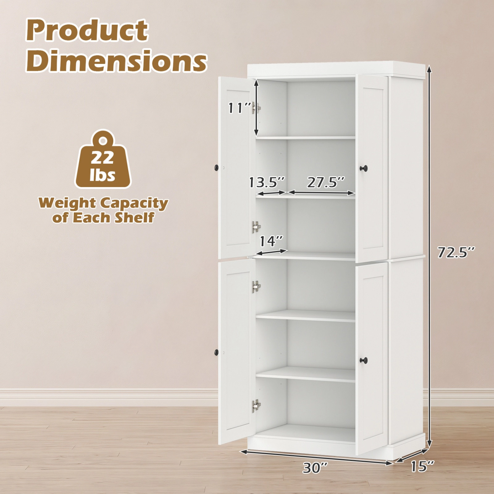 SUGIFT Kitchen Pantry Cabinet White with 2 Adjustable Shelves and Anti-Tipping Kit