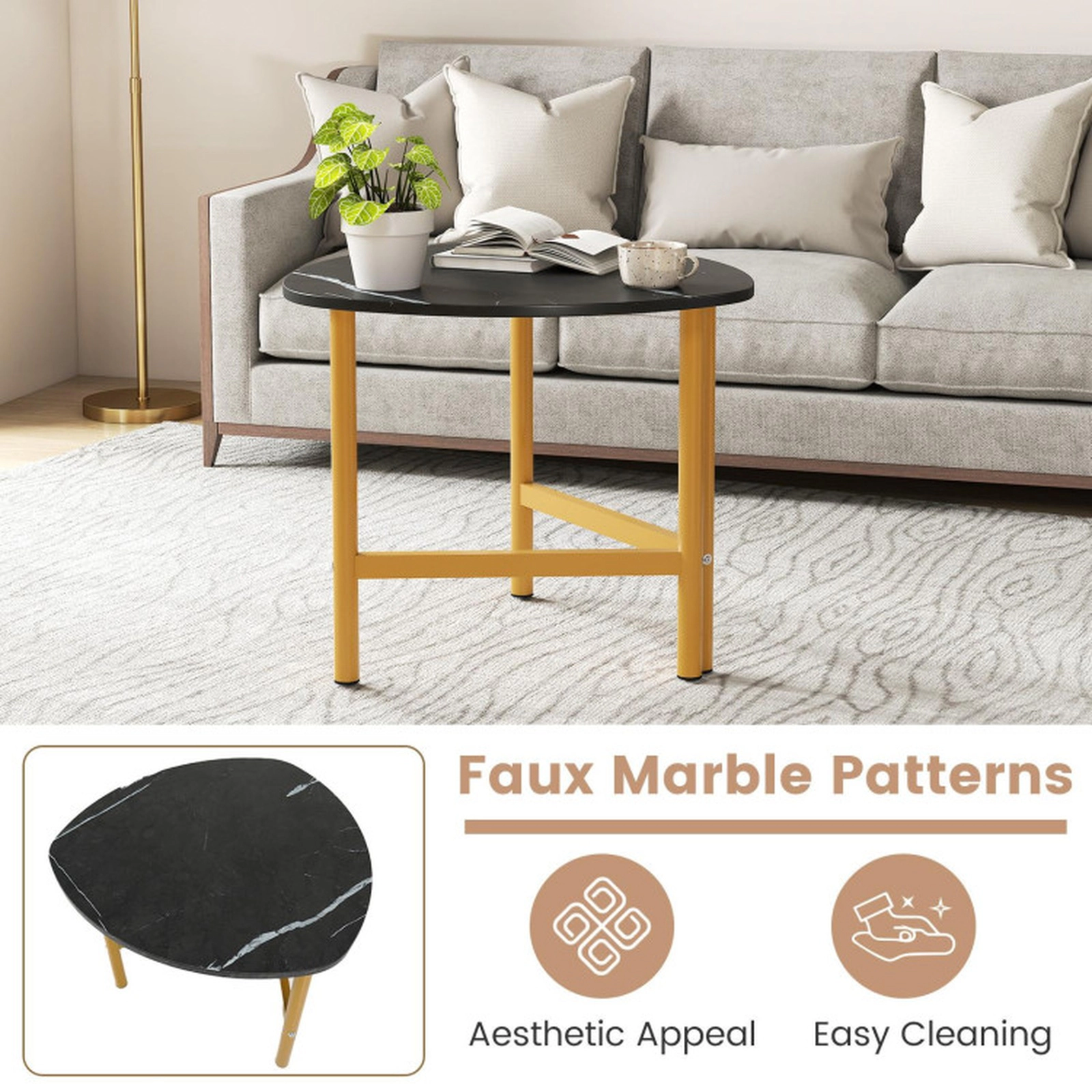 SUGIFT Set of 2 Triangular Coffee Tables with Metal Legs 132-lb Capacity 23.5-in Top Rustic Brown & Black / Black & Gold