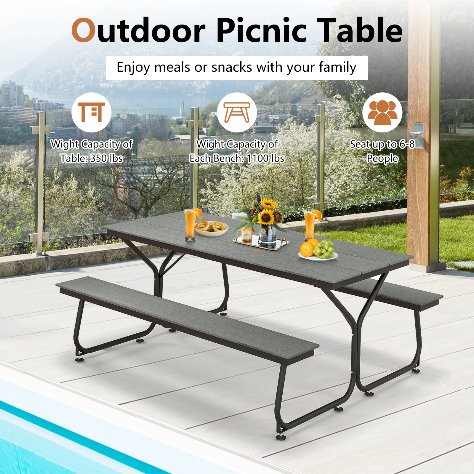 SUGIFT 6 ft Outdoor Picnic Table Bench Set Gray HDPE for 6-8 People with Metal Frame