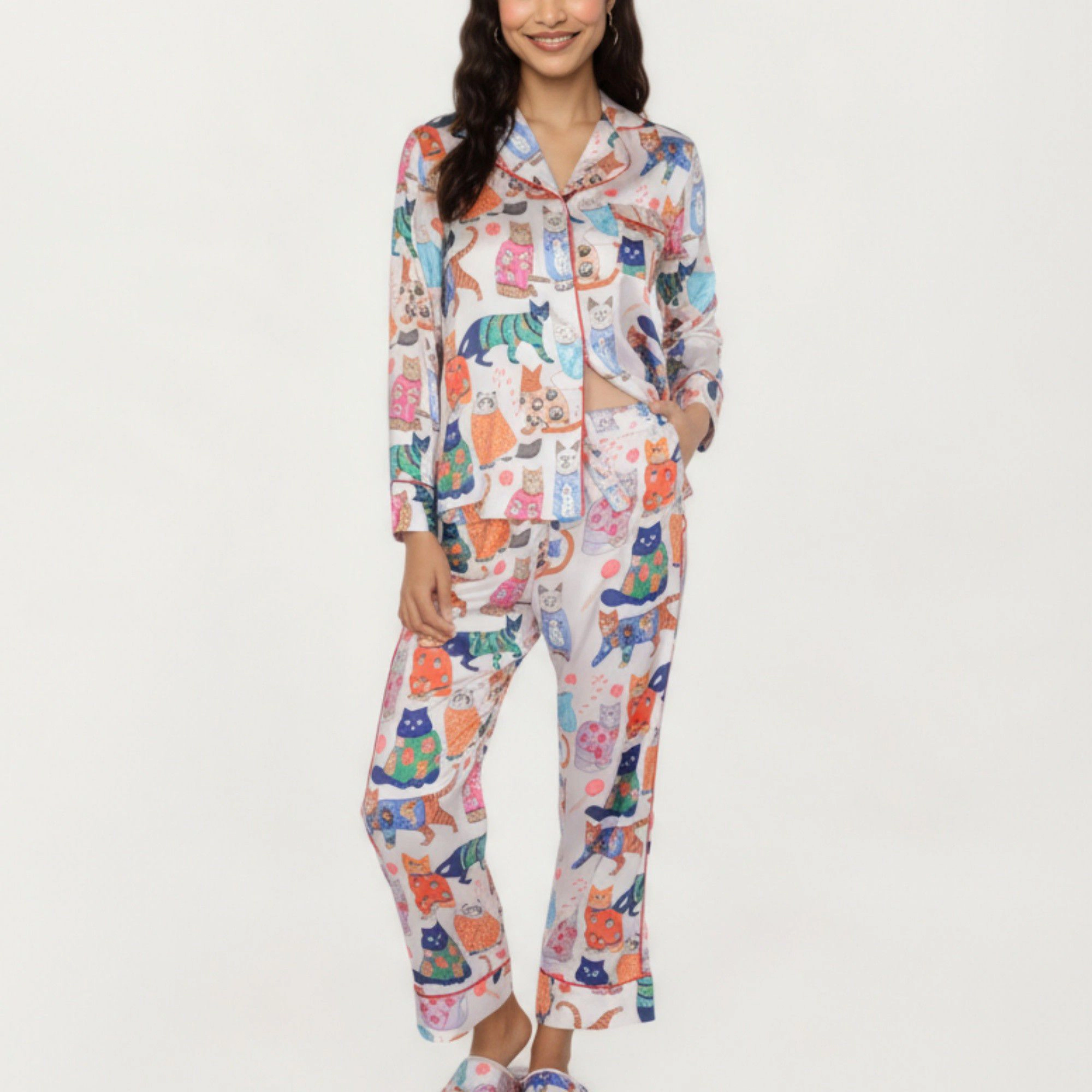 Anna-Kaci Women's 2-Piece Long Sleeve Button Front Pajama Set with Cat Print and Soft Silky Fabric