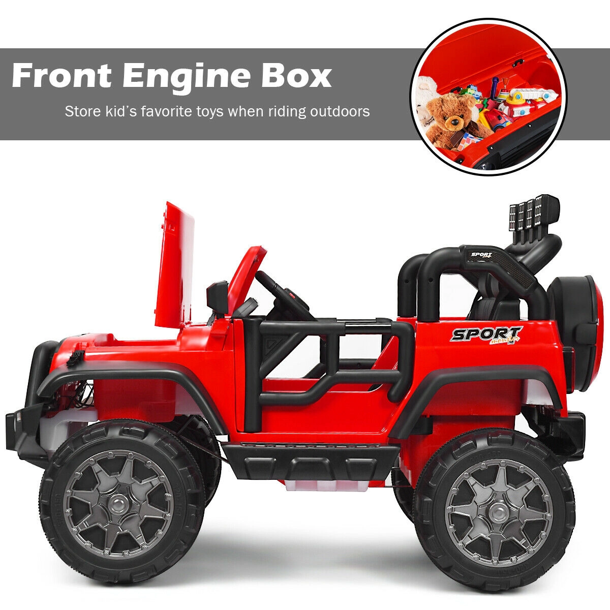 SUGIFT Red Remote Control Storage Box and Safety Belts 12V 2-Seater Kids Ride On Truck