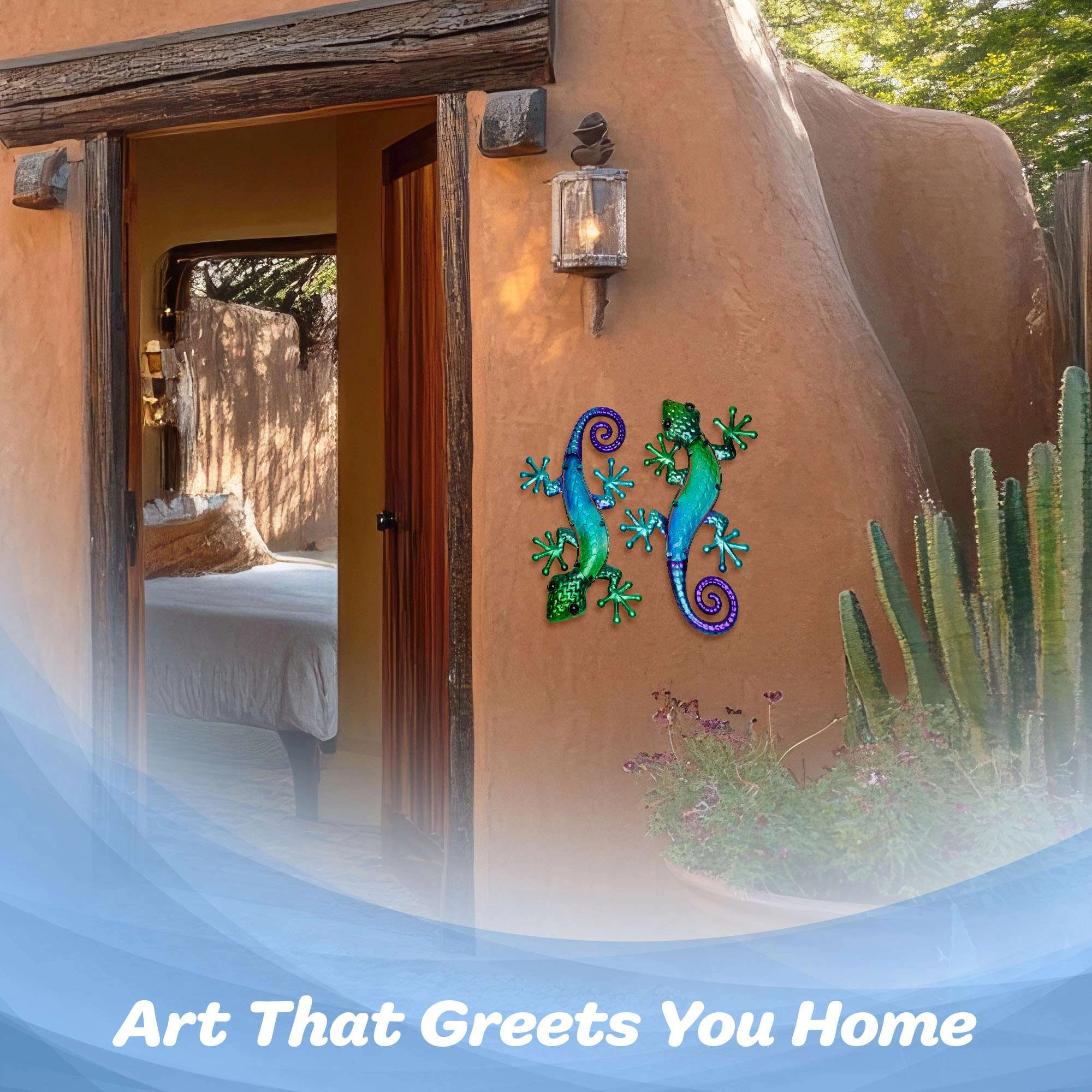 G128 Green Blue Metal Gecko Wall Art Set of 2