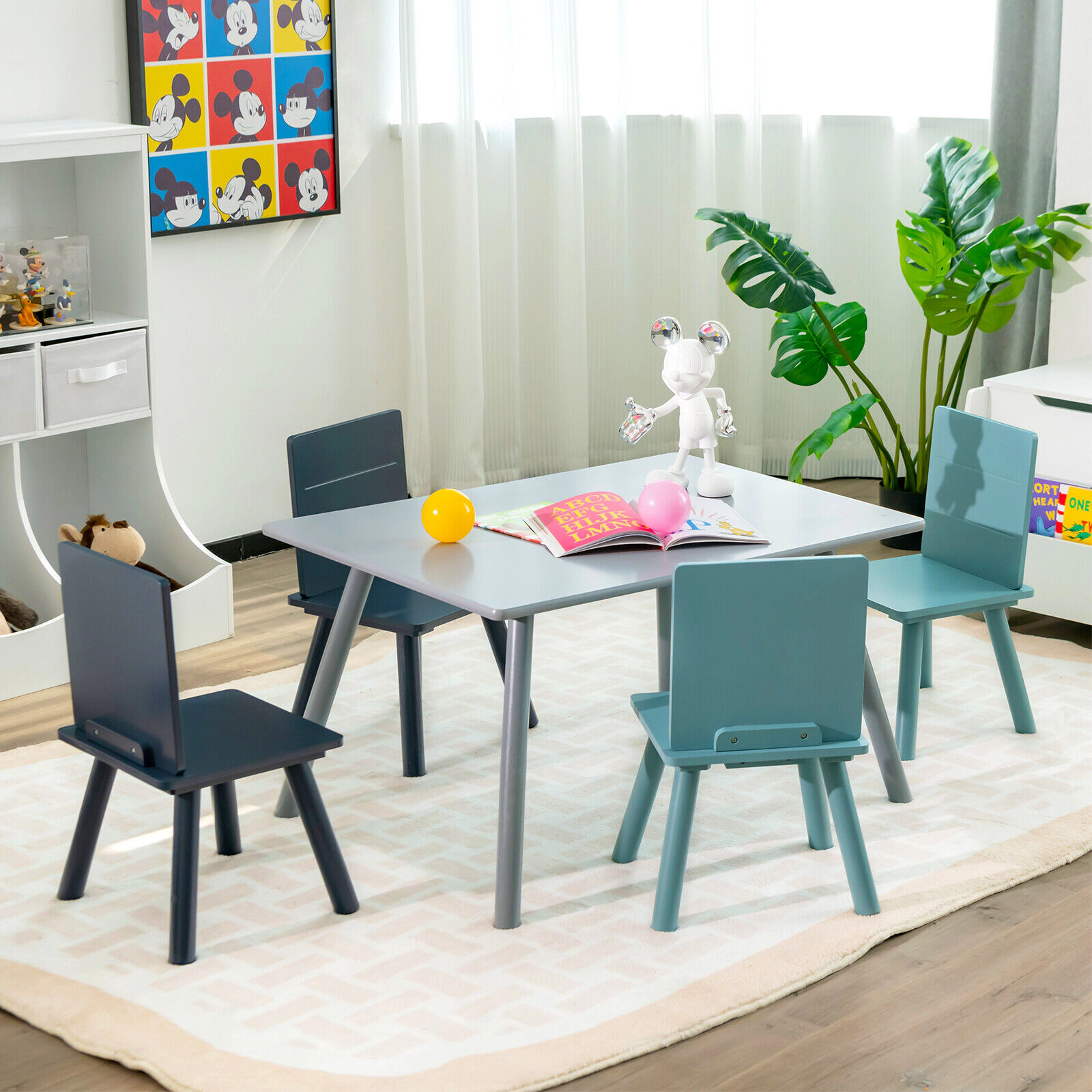 SUGIFT 5-Piece Kids Activity Table and 4 Chairs Set with Building Blocks, Blue