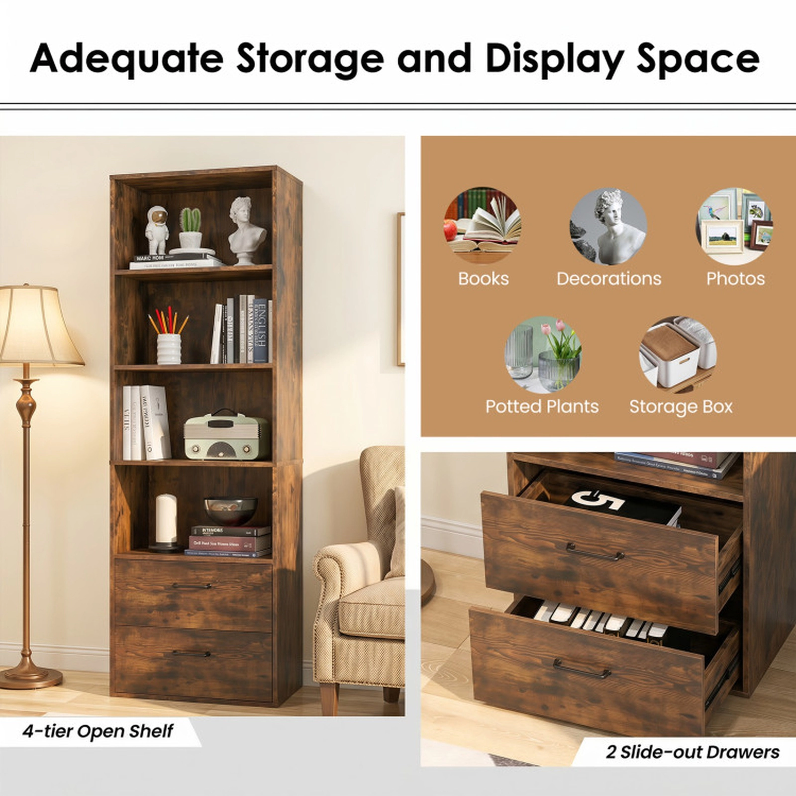 SUGIFT 6-Tier Rustic Brown 74-in Tall Freestanding Bookshelf with 2 Drawers and 4 Open Shelves for Office