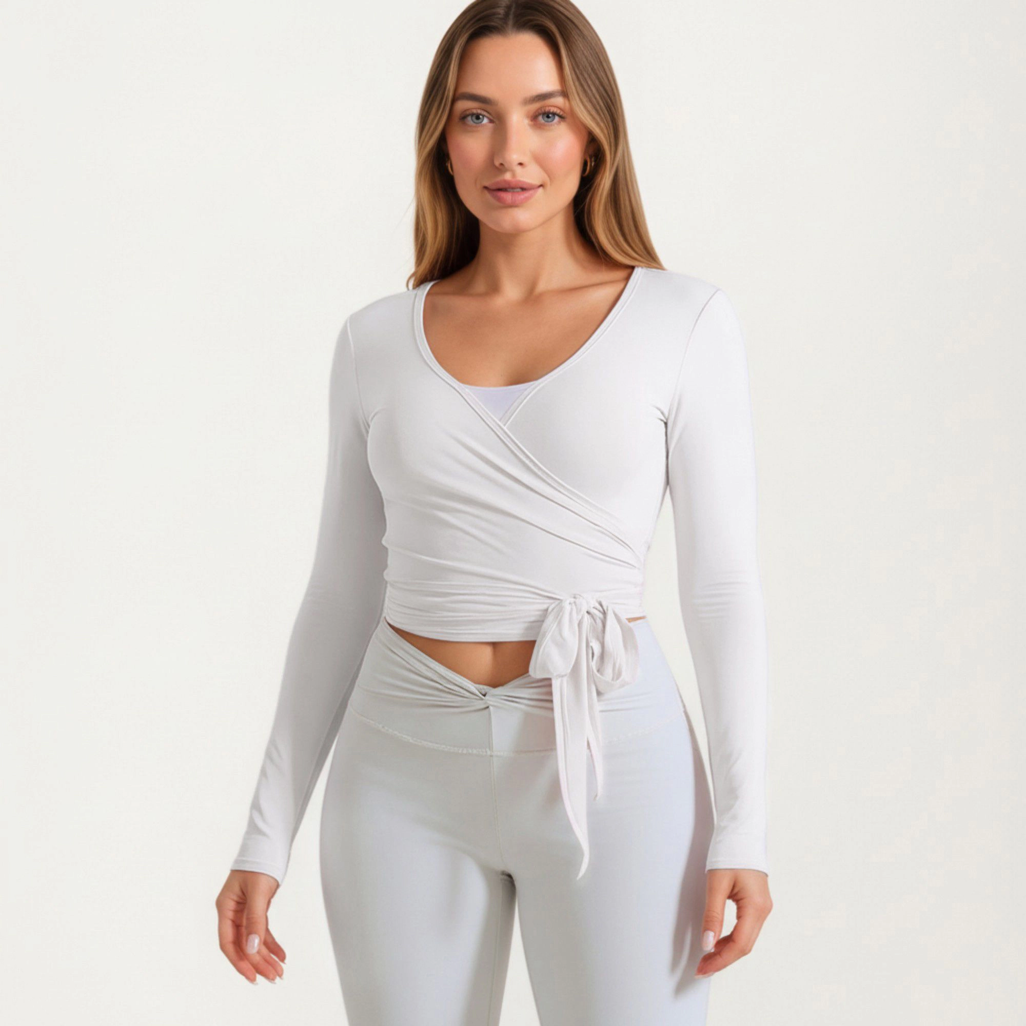 Anna-Kaci Women's Long Sleeve Faux-Wrap Athletic Top with Adjustable Tie Waist