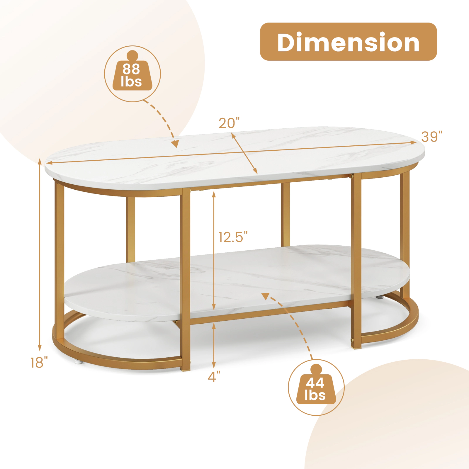 Glintex 2-Tier 39.5-Inch Faux Marble Coffee Table with Metal Tube Frame