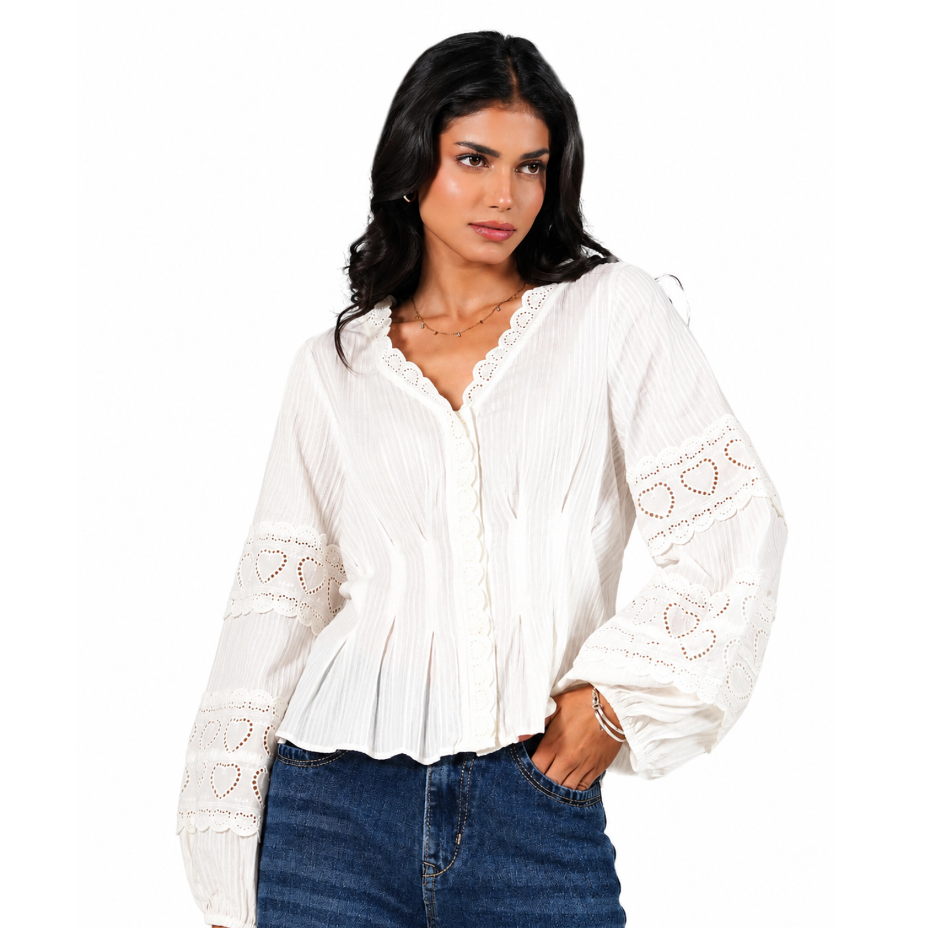 Rose & Nancy Women's Harri White Cotton Heart Lace Blouse