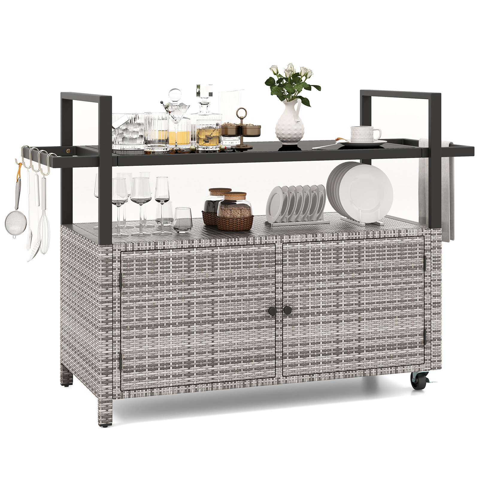 SUGIFT 51-in Wicker Outdoor Bar Cart with Tempered Glass Top 2-Door Cabinet and 8 Removable Hooks