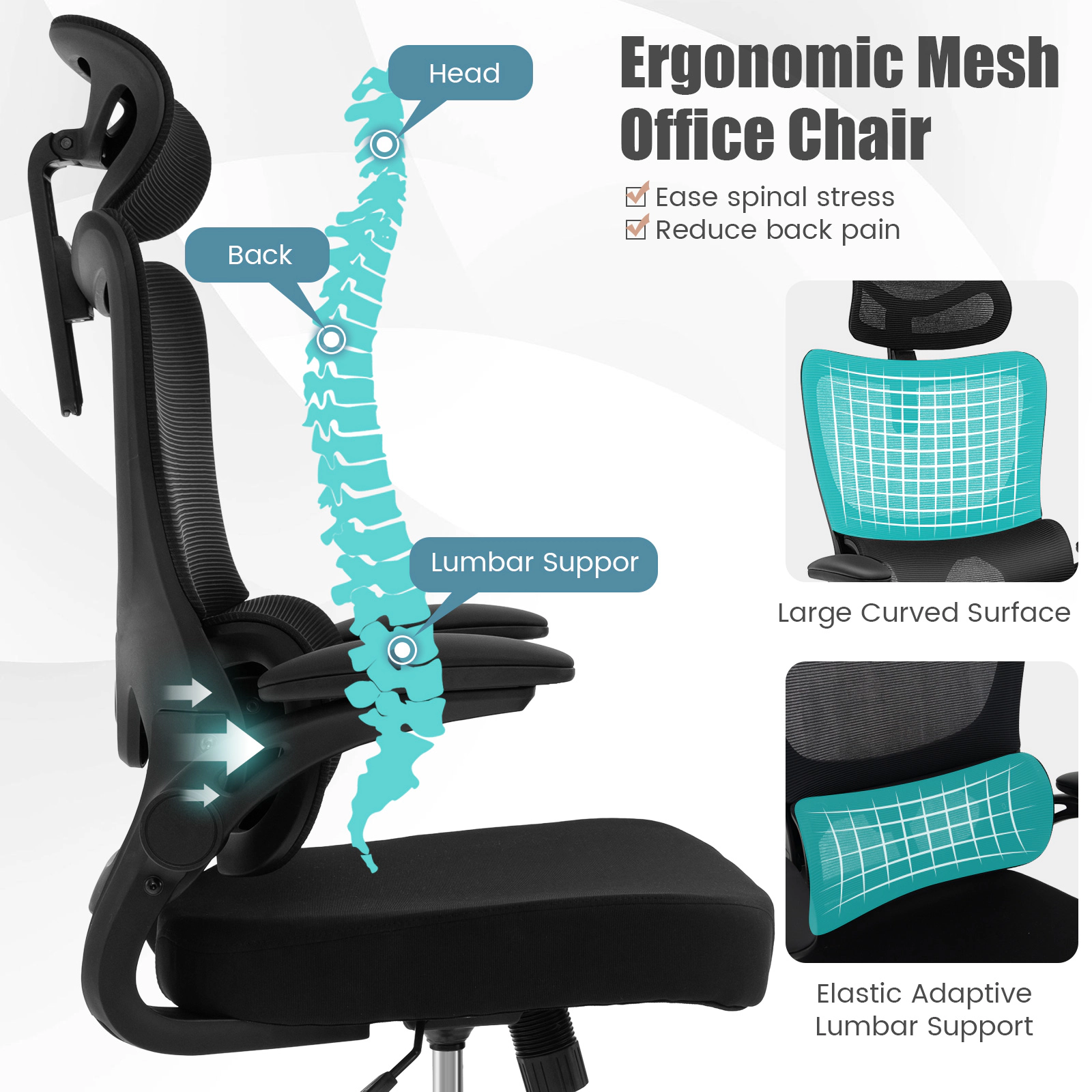 SUGIFT Adaptive Lumbar Support Flip-up Armrests Reclining Mesh Office Chair 25.5-in x 25.5-in x 45.5-in 300-lb Black