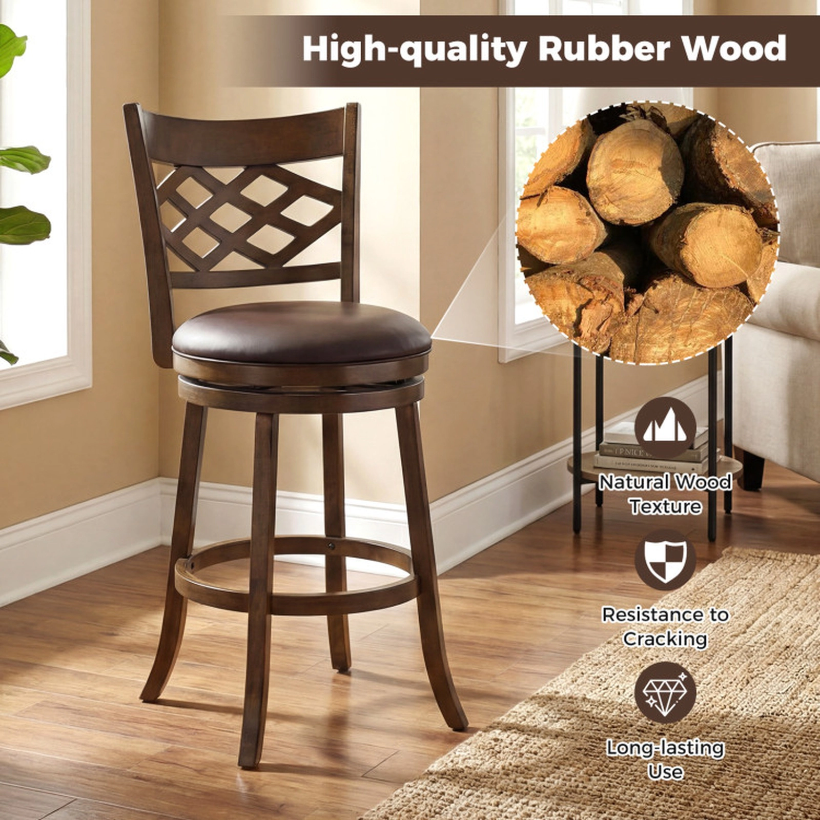 SUGIFT Round PVC Leather Seat and Rubber Wood Frame Set of 2 Brown Swivel Bar Stools