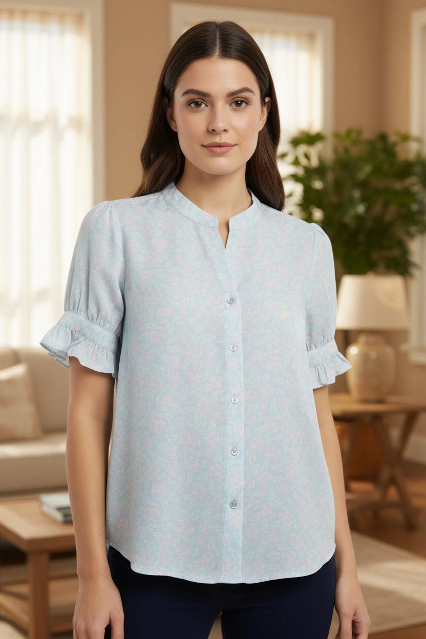 DressAtR Women's Stand Collar V Neck Puff and Cuff Sleeve Blouse