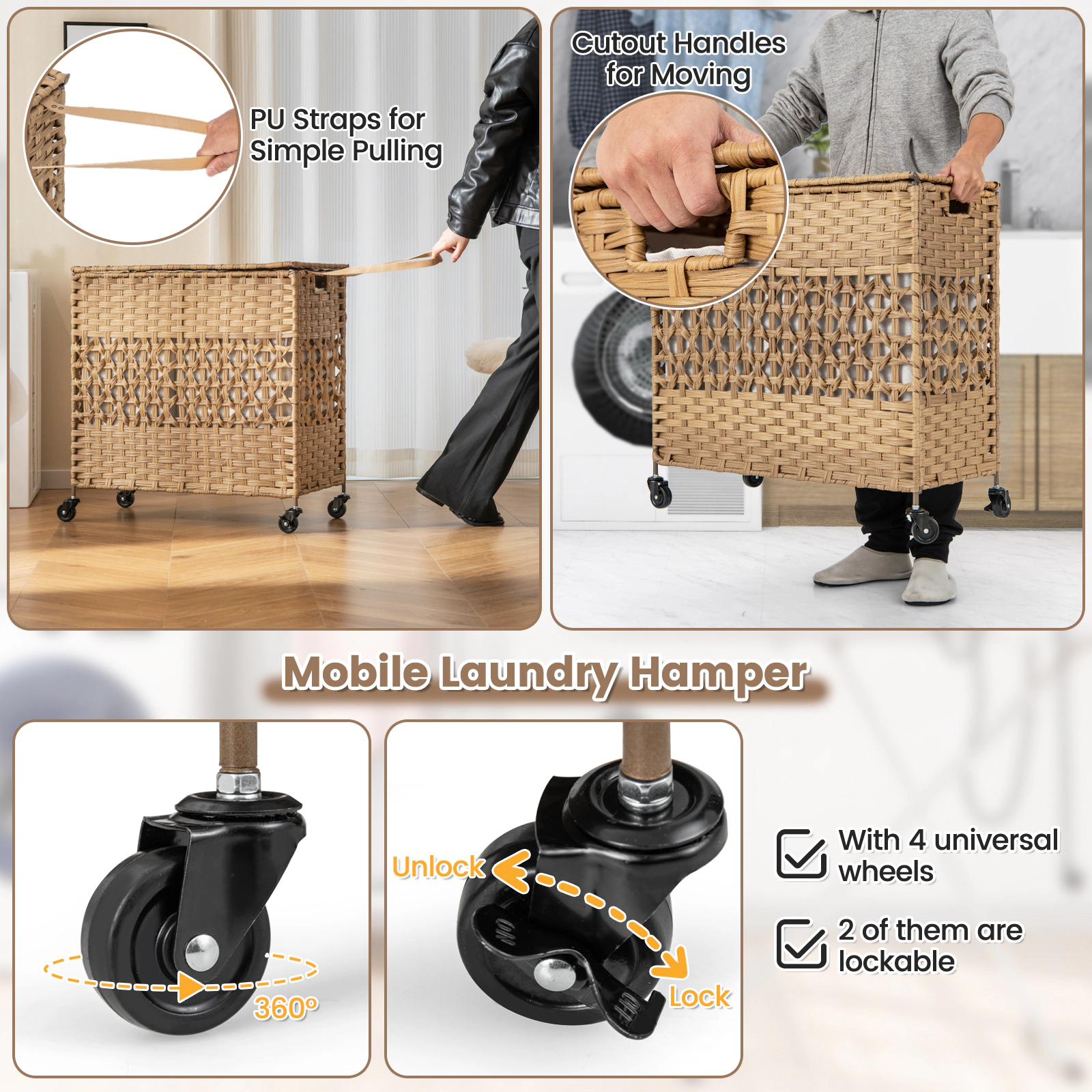 SUGIFT Natural 110L 2-Section Rolling Laundry Hamper with 4 Wheels 2 Removable Liners and Flip-Up Lid