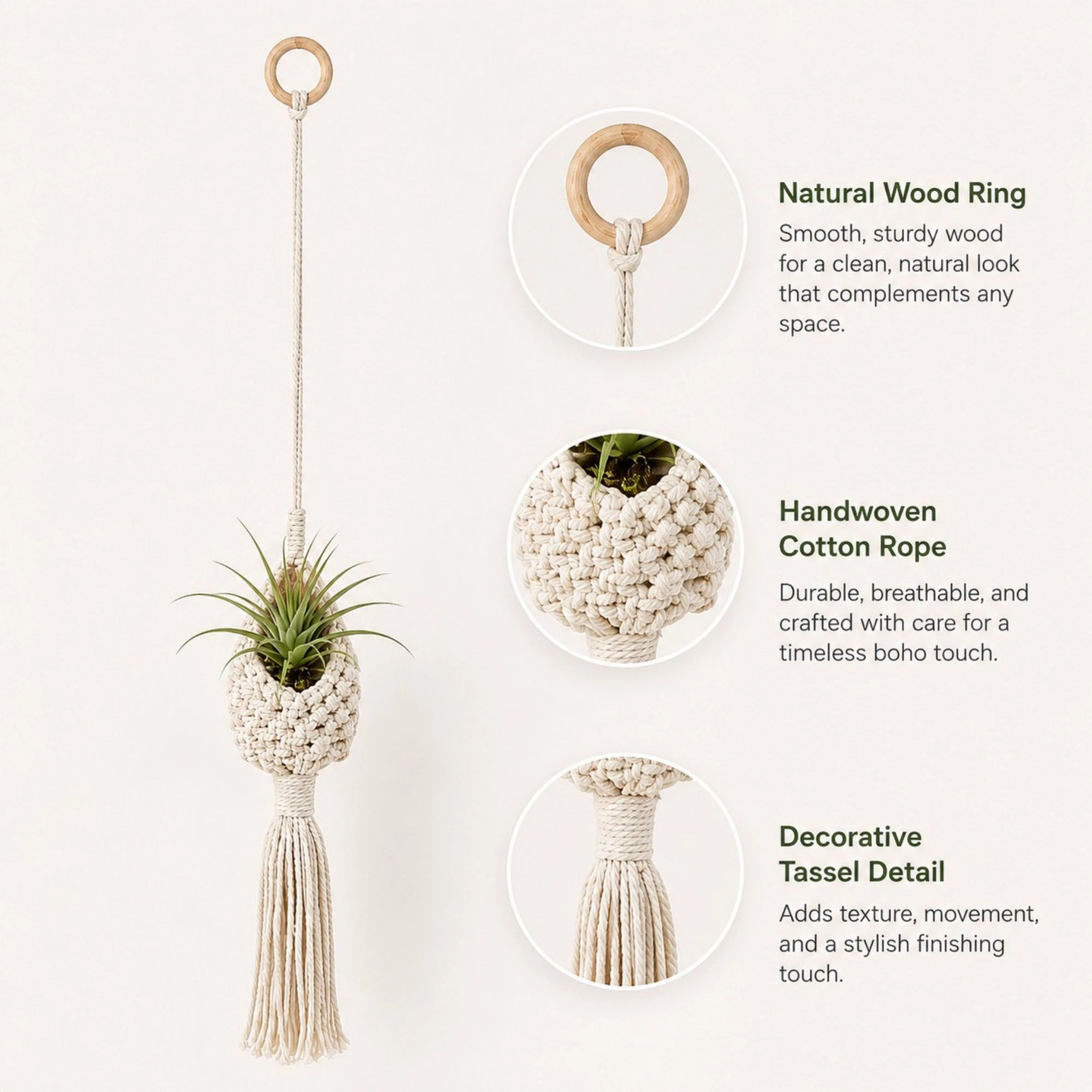 Alilang Unisex Macrame Hanging Basket with Wood Ring Tassel for Plant and Home Storage