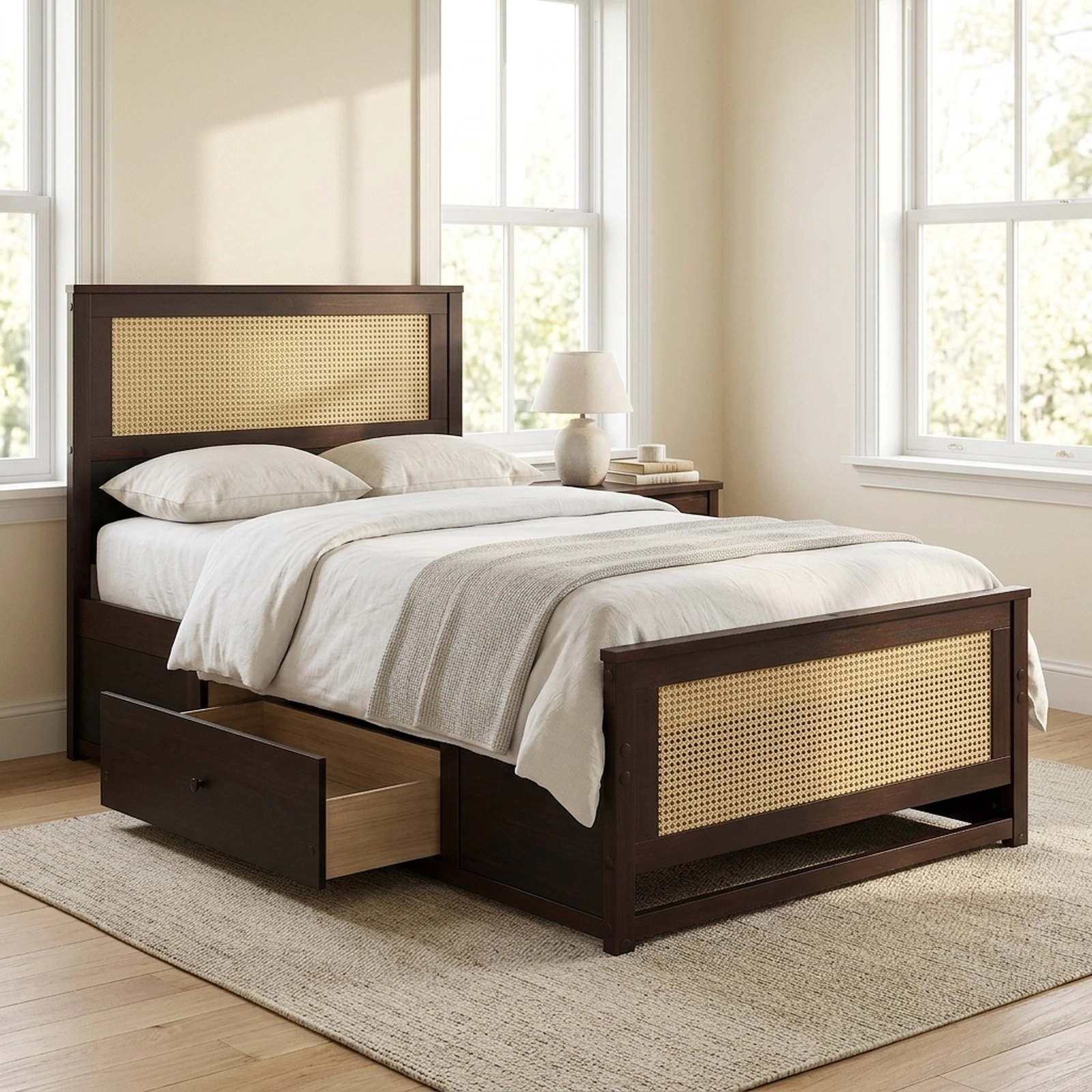 SUGIFT Twin Rattan Platform Bed, Coffee, 2 Storage Drawers, Cane Headboard