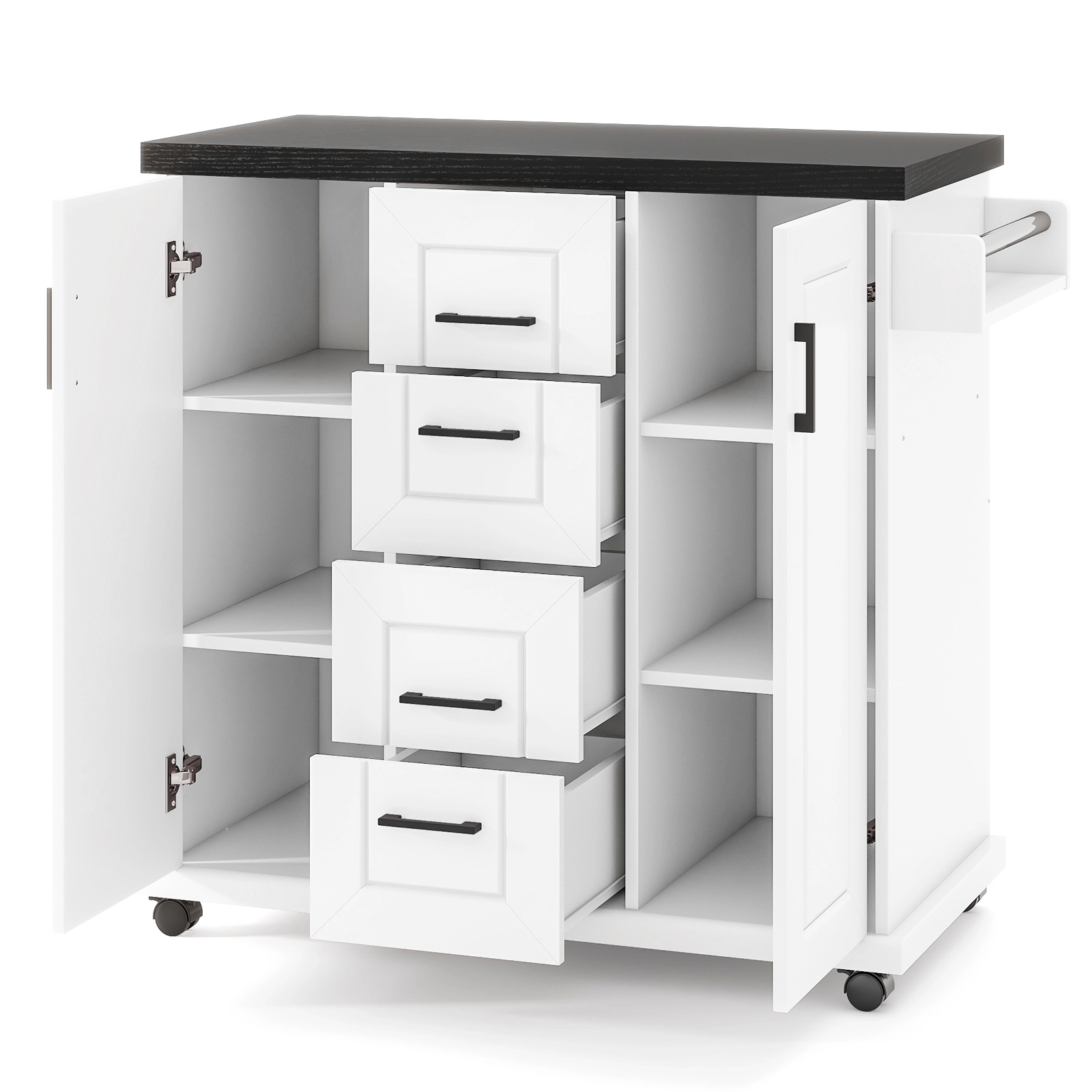 SUGIFT Rolling Kitchen Island White with 4 Drawers 2 Cabinets Spice Rack and Towel Rack
