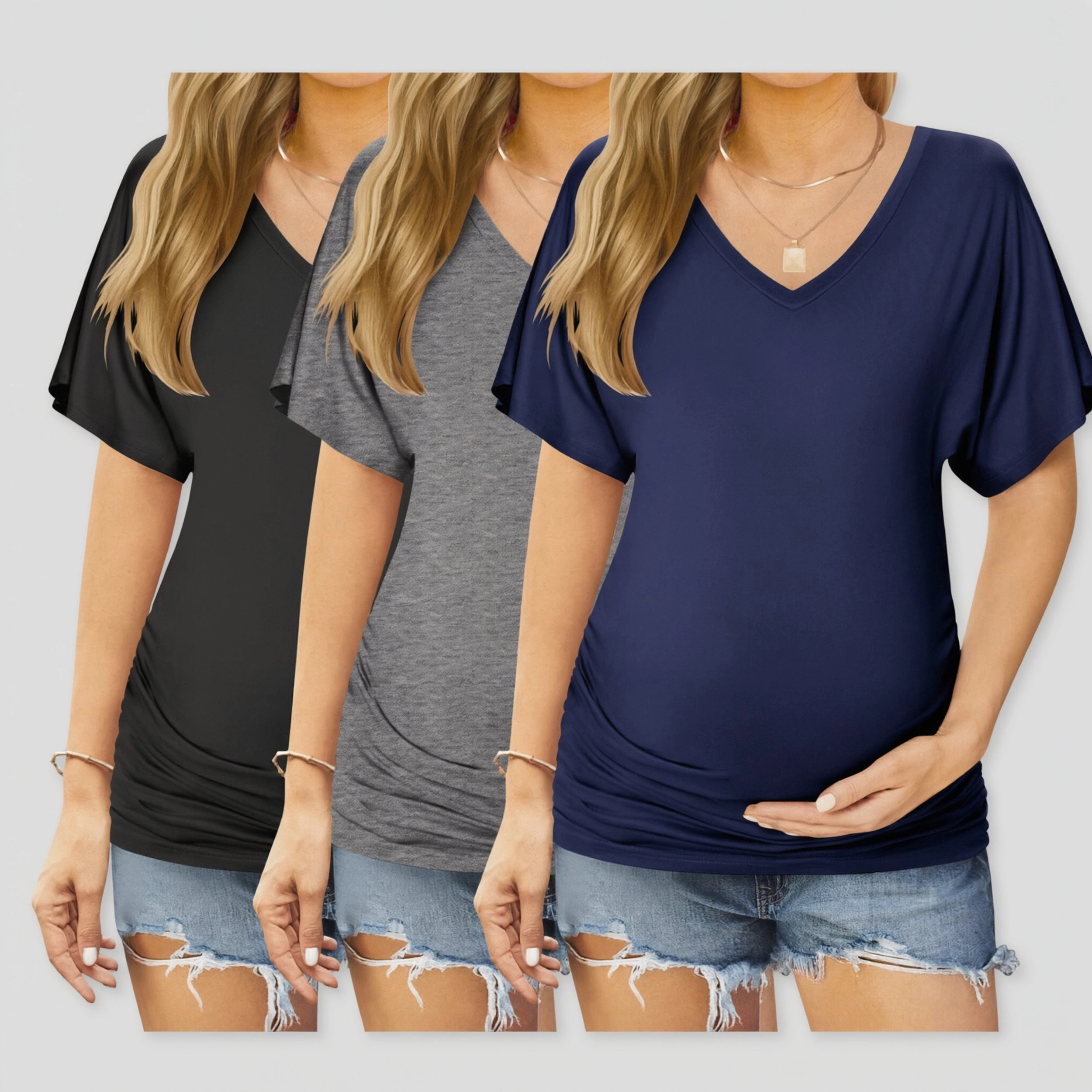 Ekouaer Women's V Neck Short Sleeve Ruched Maternity T-Shirt 3 Pack