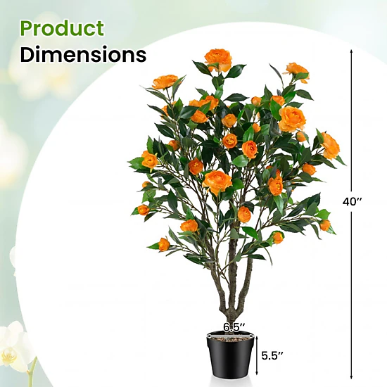 SUGIFT 40-in Artificial Camellia Tree with 37 Flowers and River Stones in 6 x 5.5-in Pot 2-Pack Orange Green Black
