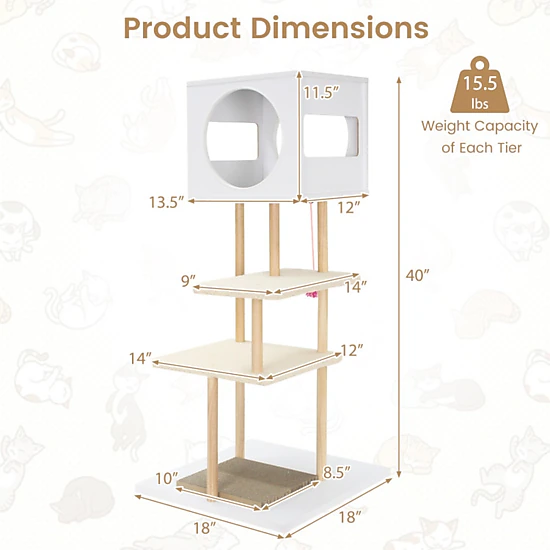 SUGIFT 40-in Tall Wood Cat Tree Tower with 2 Cardboard Cat Scratchers 2-Door Condo and Rubber Wood Poles
