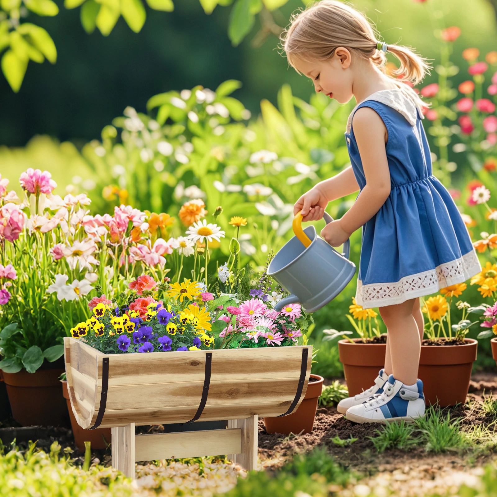 LJG Outdoor Wooden Planter with Legs for Flower Herb Vegetable Fruit