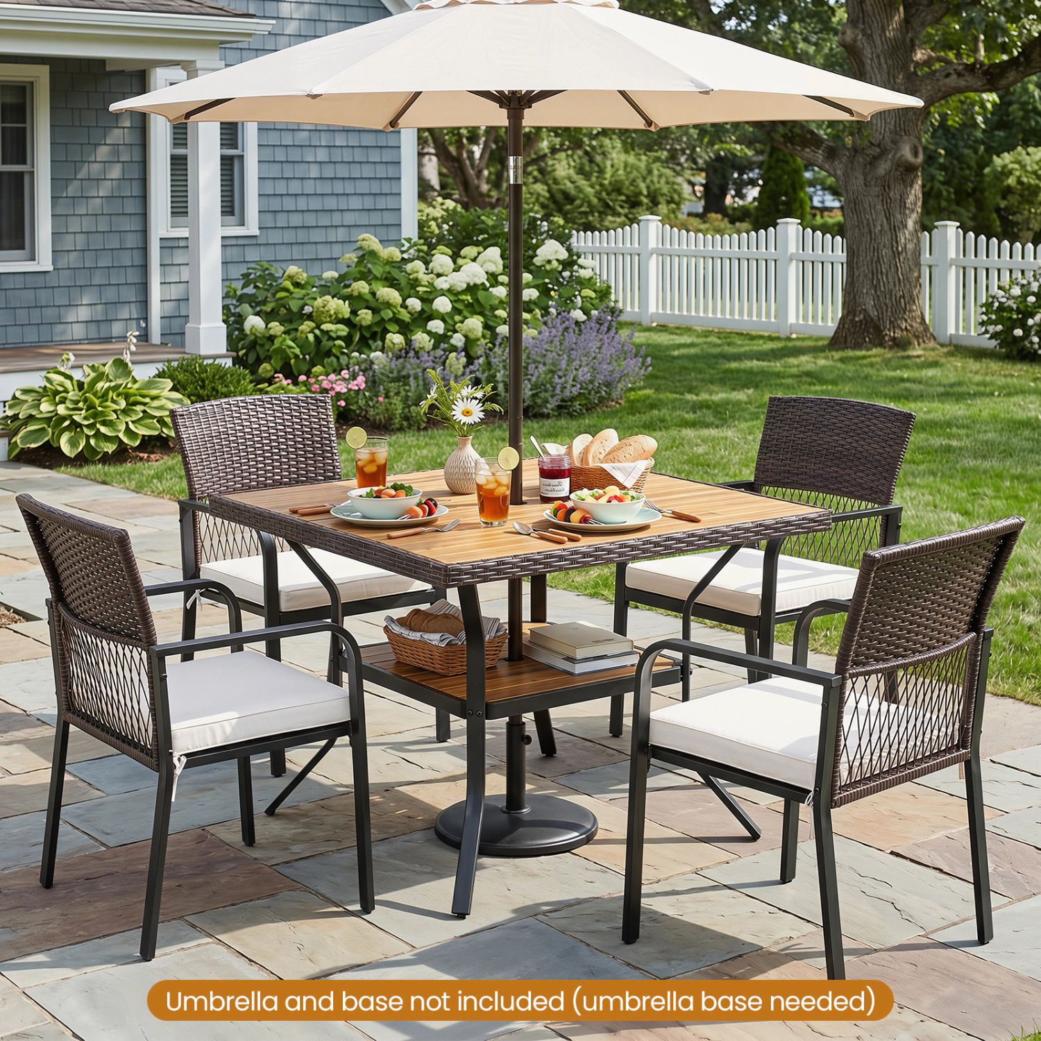 LJG 37" Square Outdoor Dining Table for 4 with Acacia Wood Tabletop and 2" Umbrella Hole