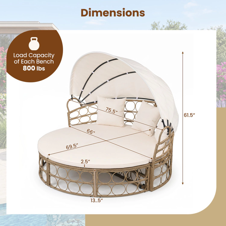 Hivvago Outdoor Patio Daybed With Retractable Canopy And Cushions Wicker Rattan Furniture Set