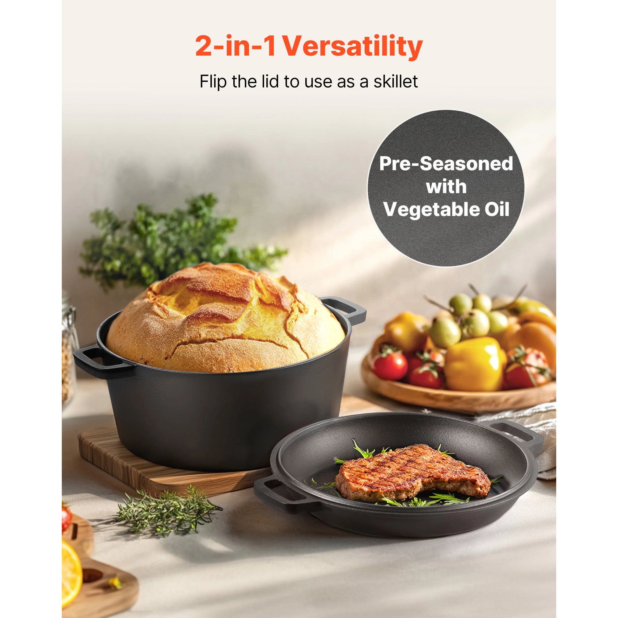 HONGGE Enameled Cast Iron Dutch Oven Pot with Lid and Dual Handles Heavy-Duty Durable Cookware Pan Oven Induction