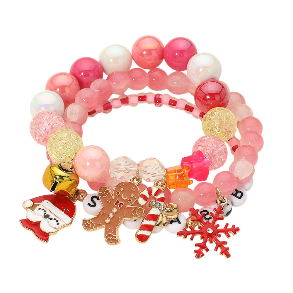 FASHNZFAB 3PCS - Christmas Santa Snowflake Man Charm SANTA BABY Message Beaded Stretch Multi Layered Bracelets