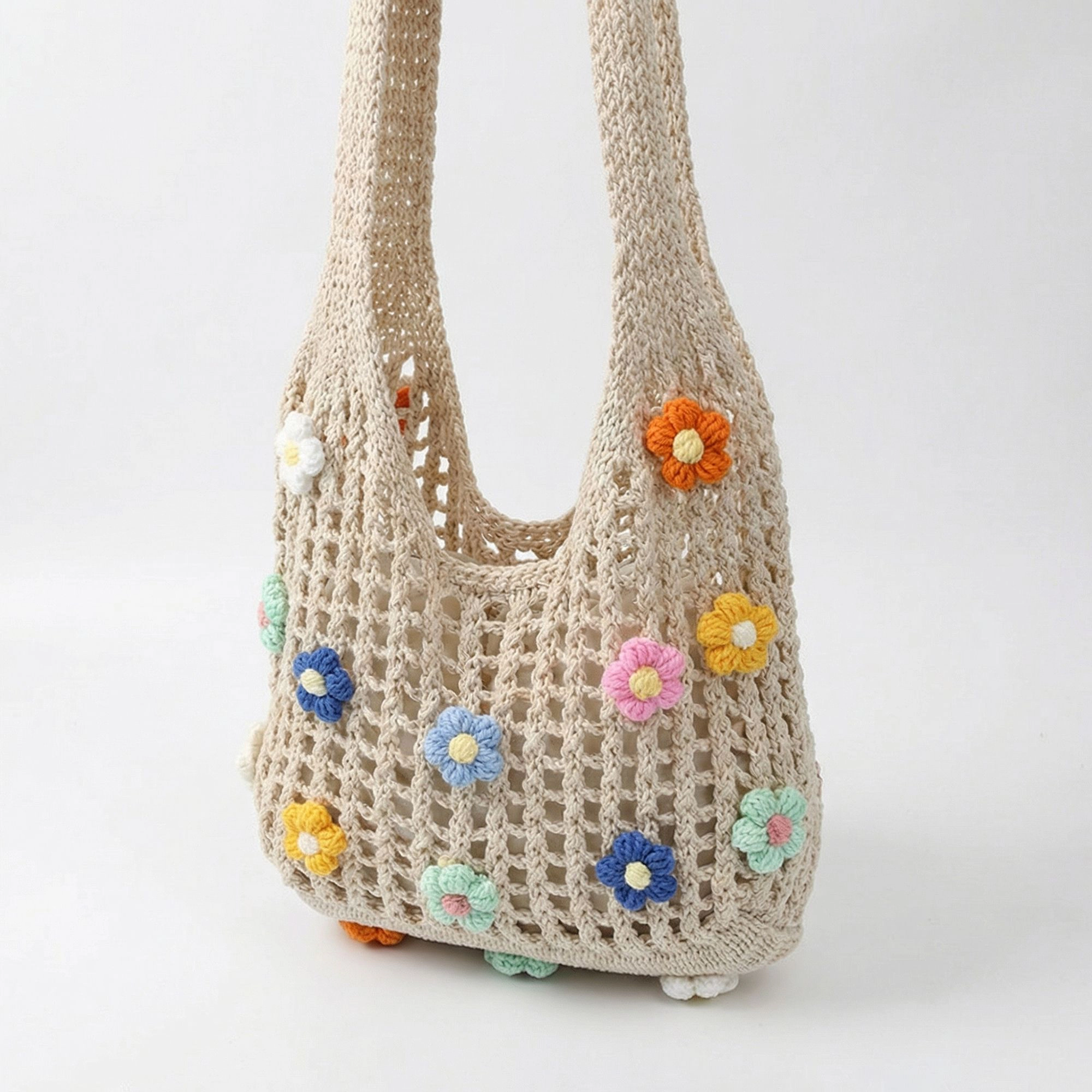 Alilang Women Crochet Shoulder Tote Bag Floral Applique Lightweight Slouchy Handbag, Light Beige