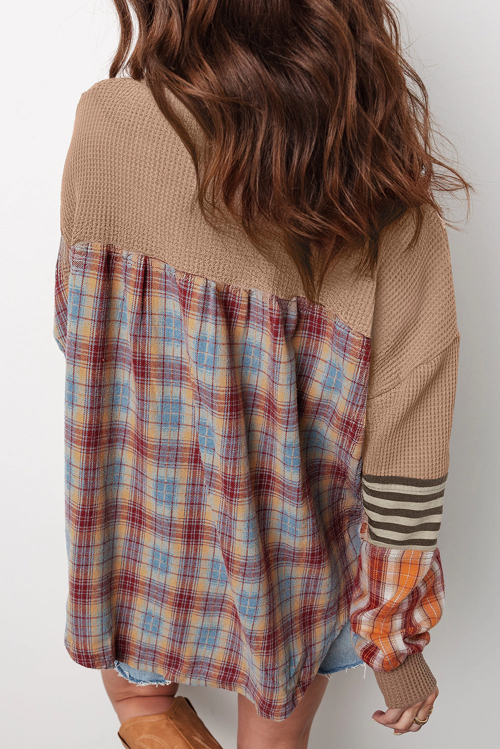 Threaded Pear Women's Aaliyah Waffle Stripe Plaid Patchwork Henley Knit Top