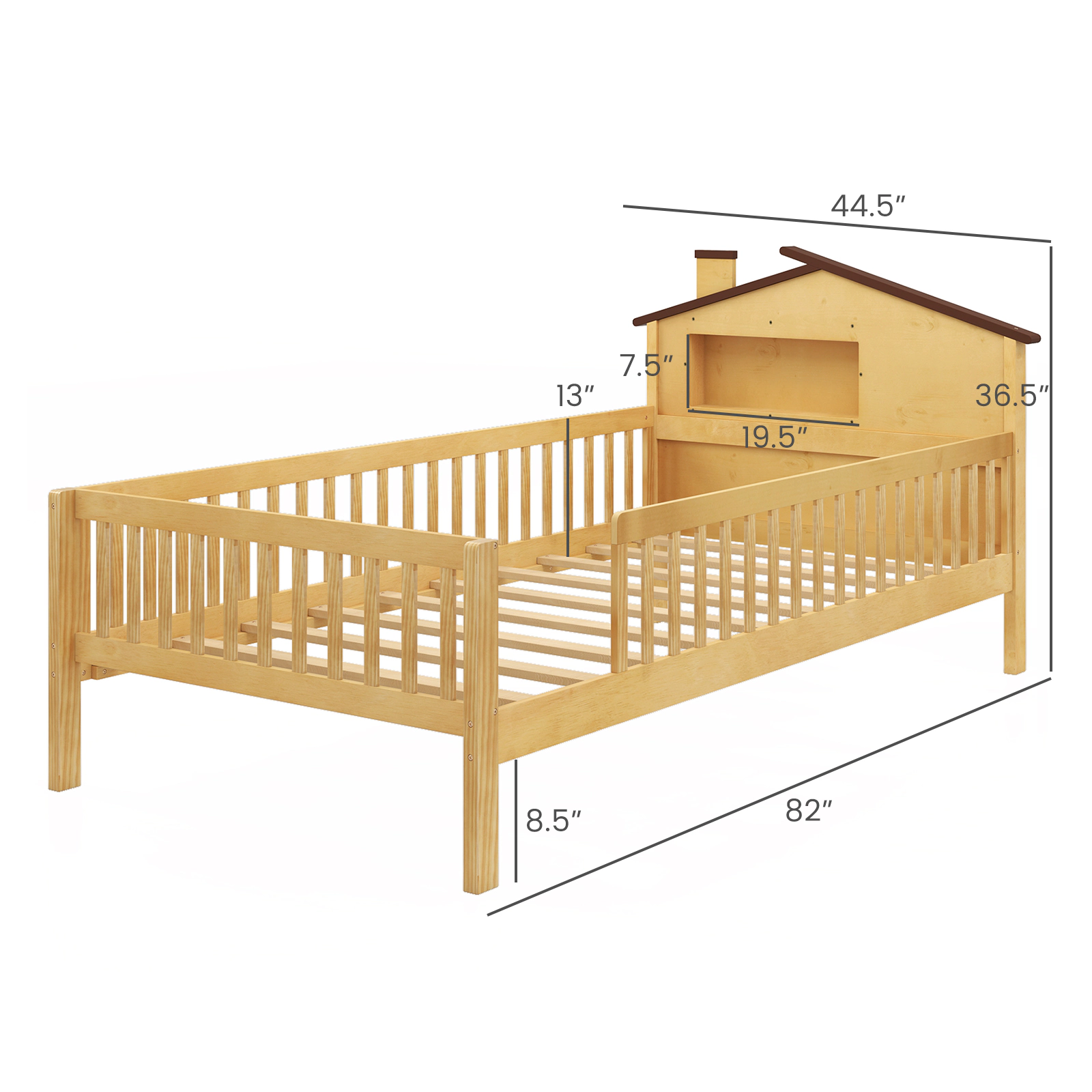 SUGIFT House-Shaped Headboard Twin Size Montessori Bed Frame with Built-in Storage Shelf 440-lb Capacity Natural/White