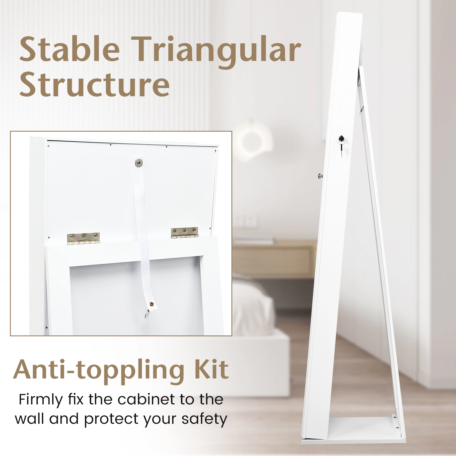 SUGIFT White Standing Jewelry Storage Organizer with Full-Length Mirror Lockable Armoire and Velvet Shelves