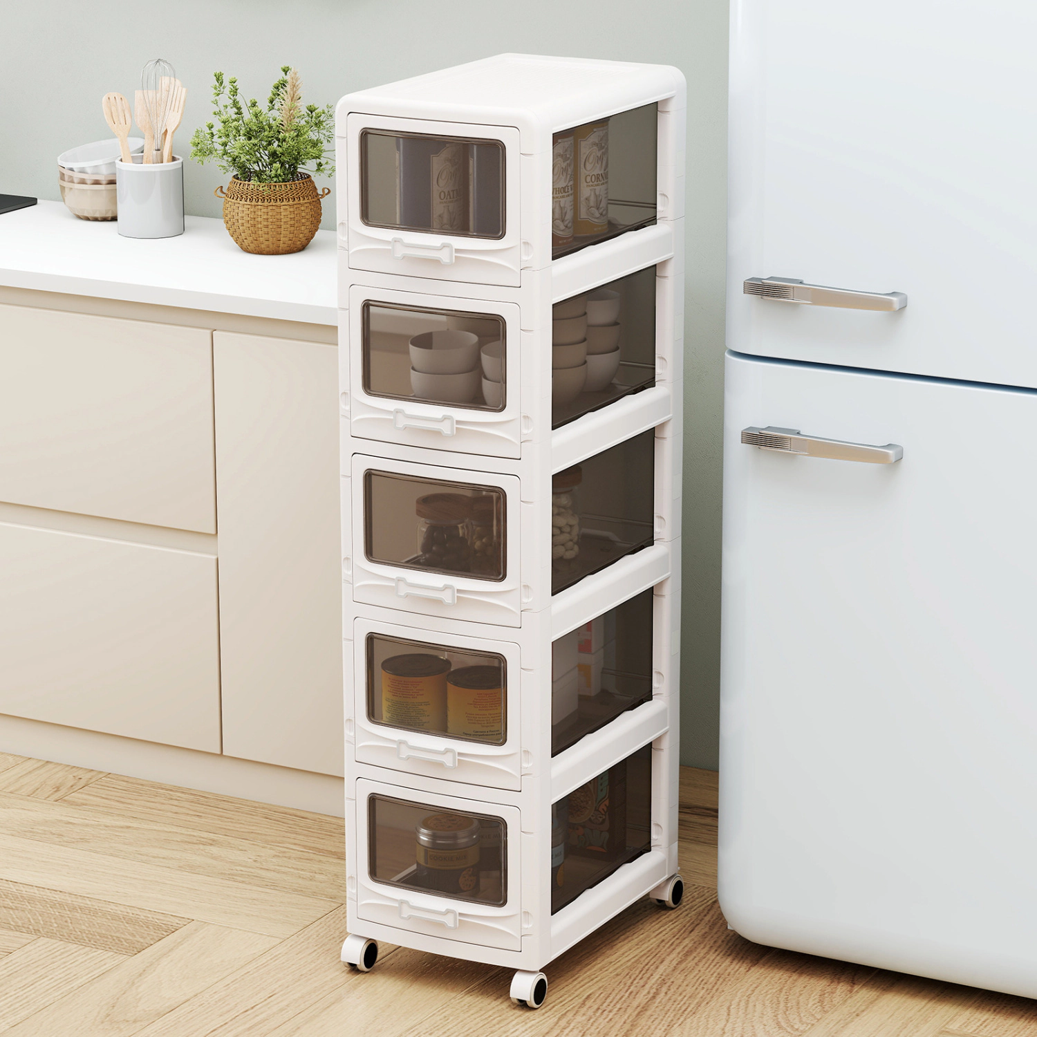 LJG 5-Tier Plastic Drawer Storage Organizer Rolling Cart with 3/4/5 Drawers and Lockable Wheels