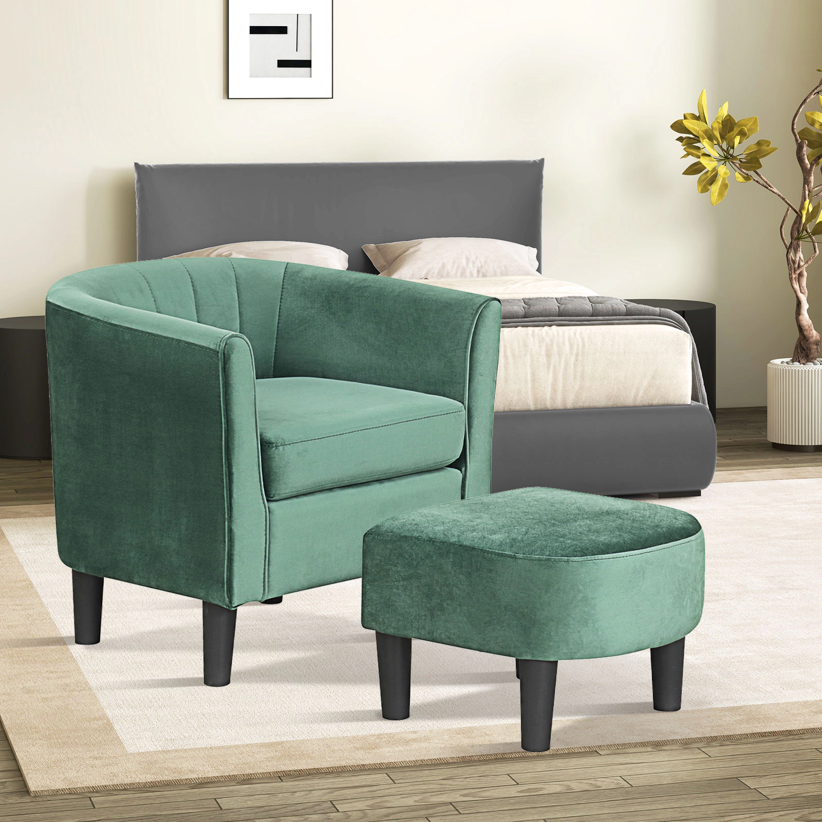 SUGIFT Green Teddy Velvet Barrel Chair with Ottoman, Removable Washable Cover, 350 lb Capacity