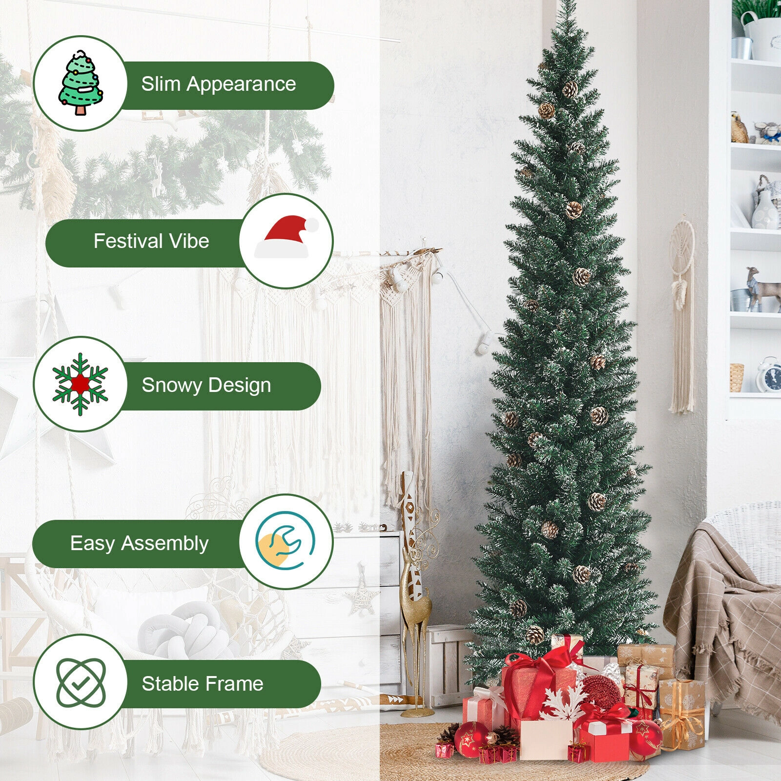 LJG Snowy Artificial Pencil Christmas Tree with Pine Cones