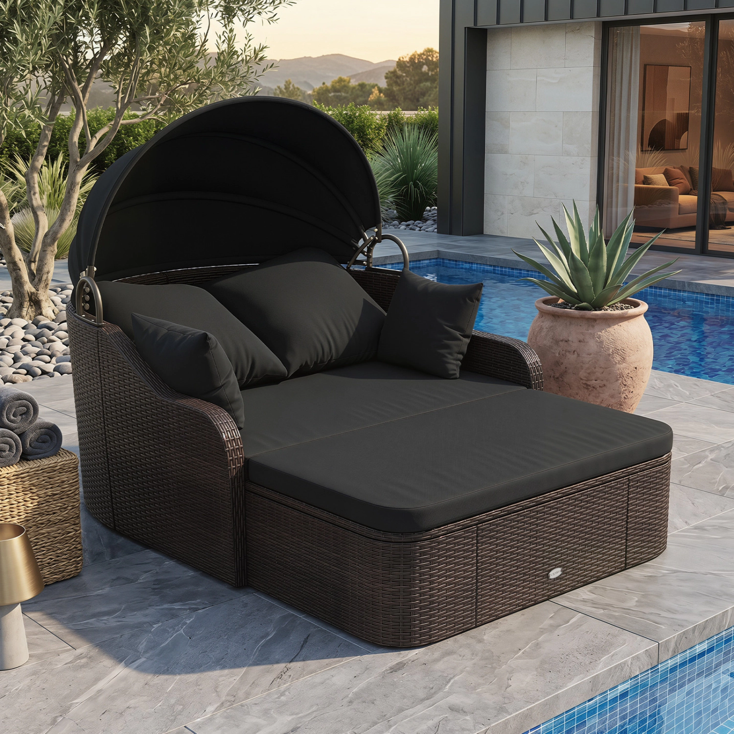 SUGIFT Black PE Rattan Patio Daybed with Retractable Canopy, Loveseat and Coffee Table