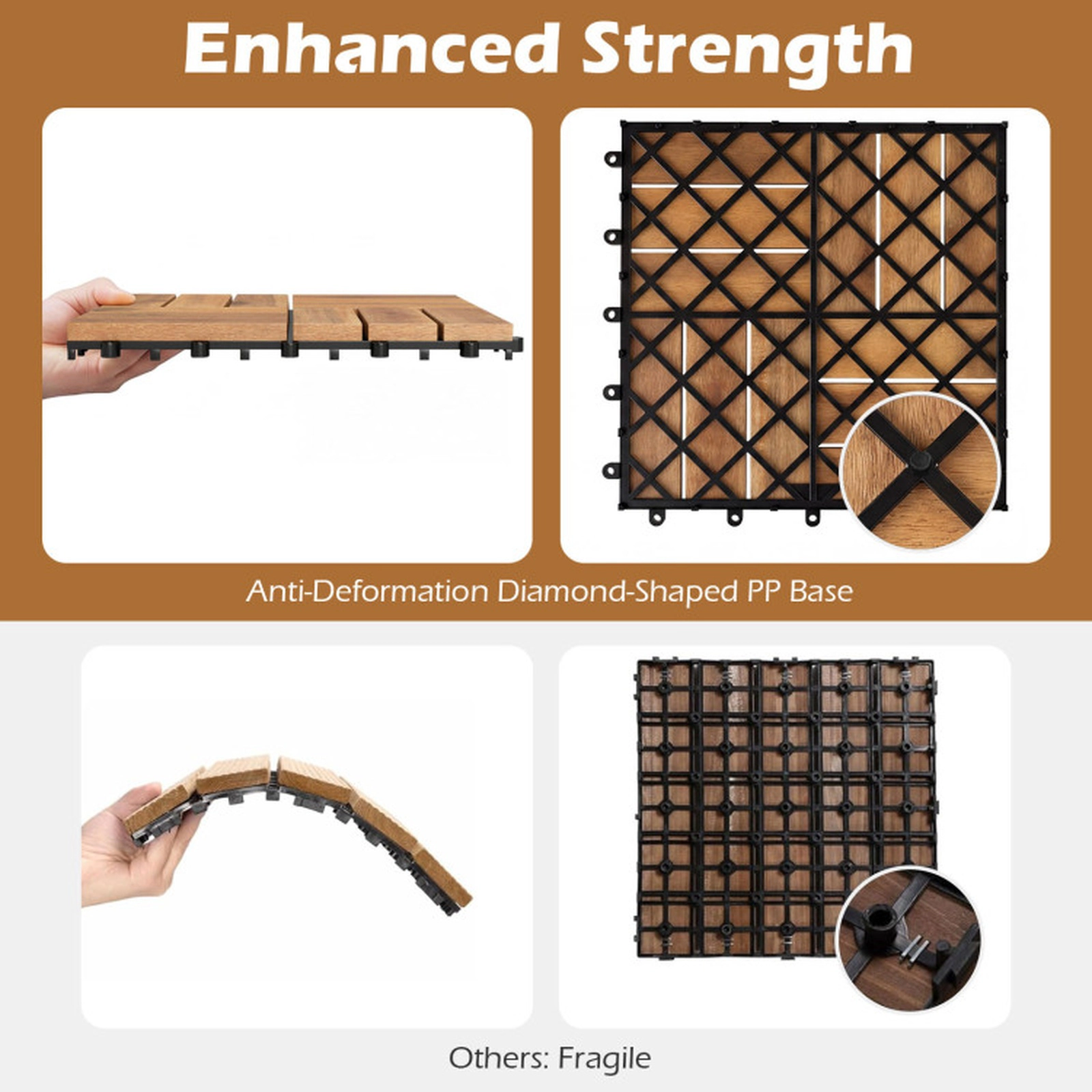 SUGIFT 54-Piece 12-in Natural Acacia Wood Interlocking Deck Tiles with Waterproof Diamond PP Base