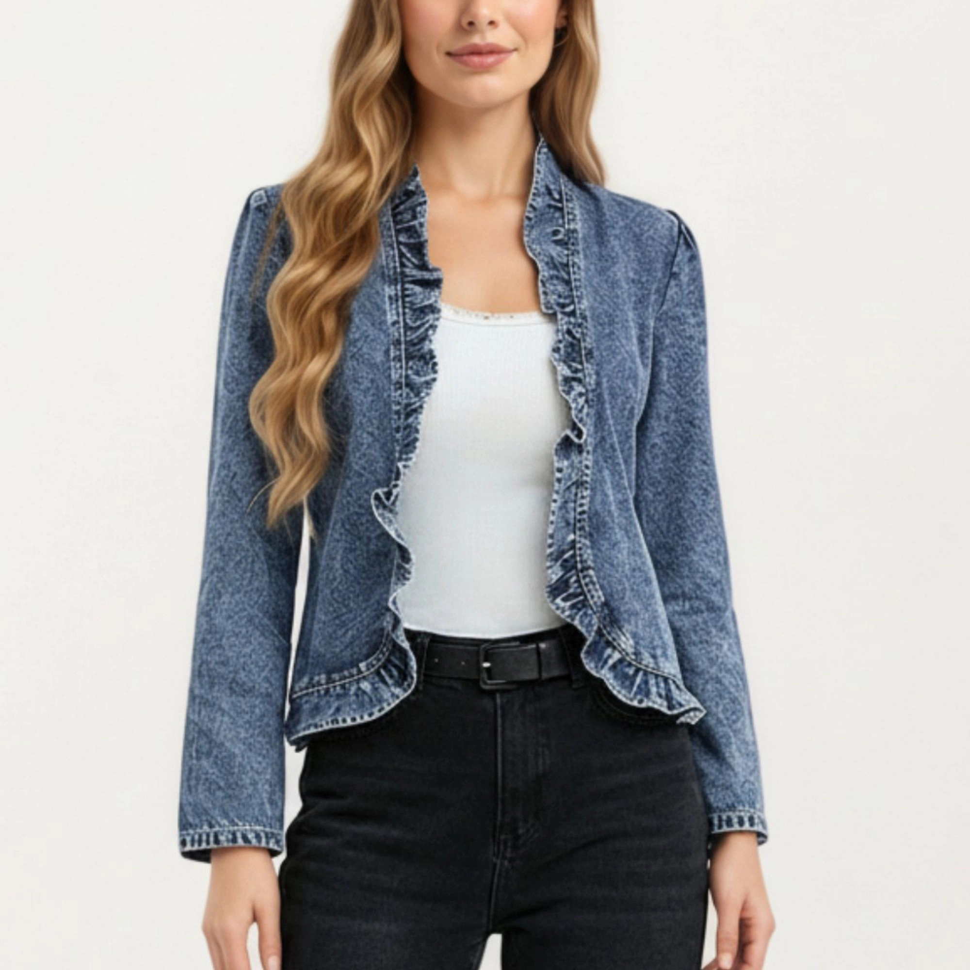 Anna-Kaci Womens Lightweight Ruffle Trim Open Front Denim Jacket