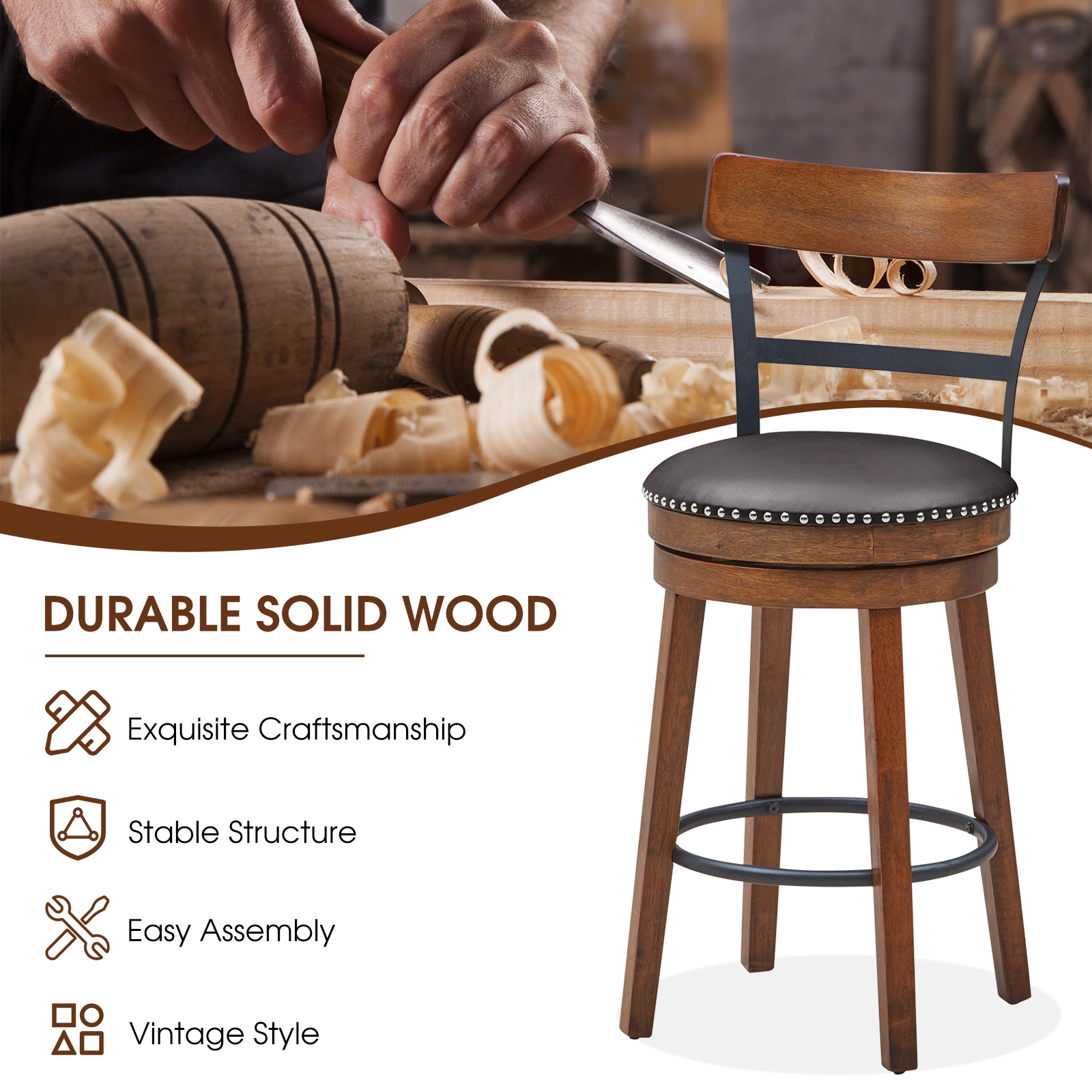 SUGIFT Set of 2 25.5-In Swivel Counter Height Bar Stools 250-Lb Capacity Brown
